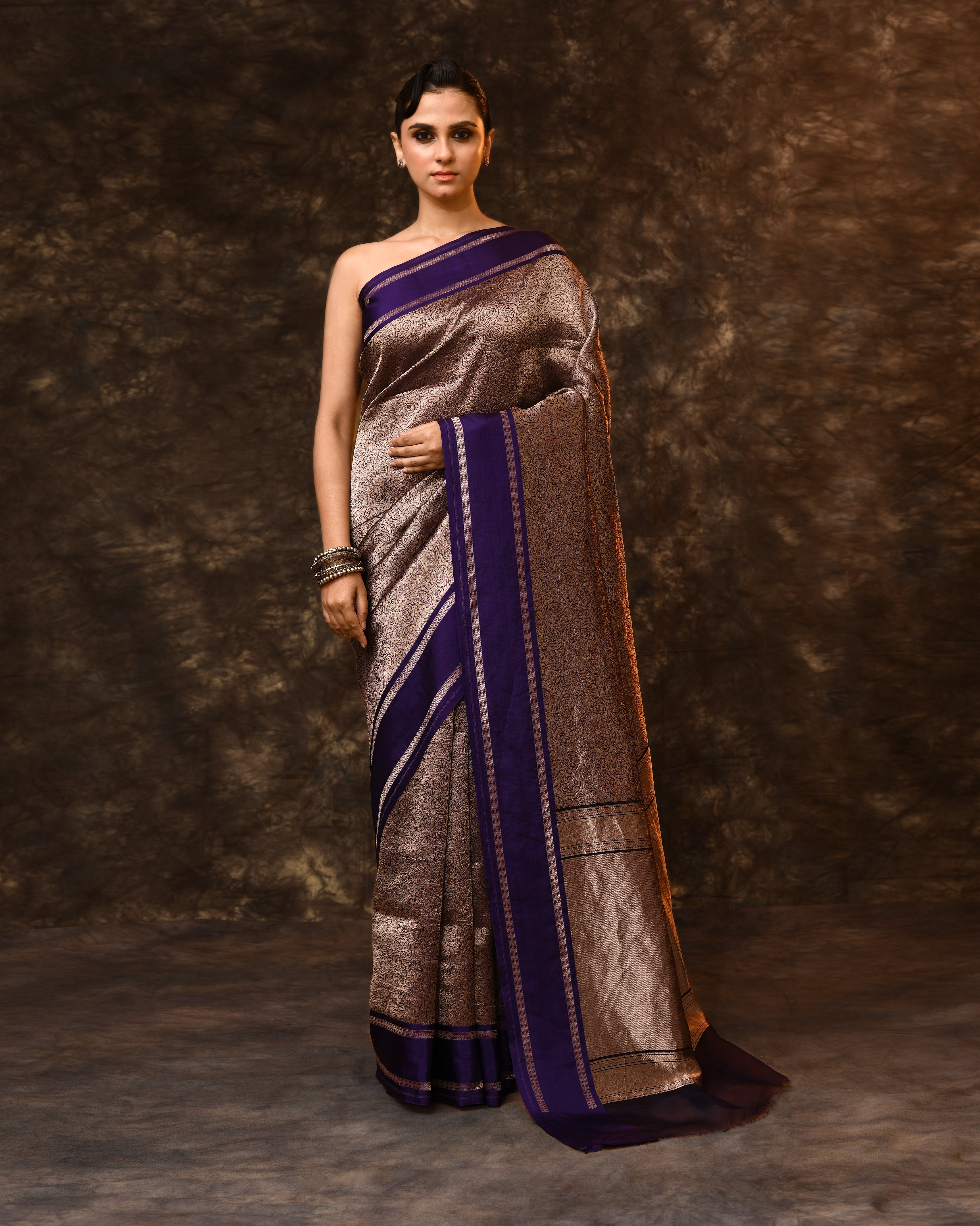 Purple Floral Kora Silk Saree with Running Blouse Piece