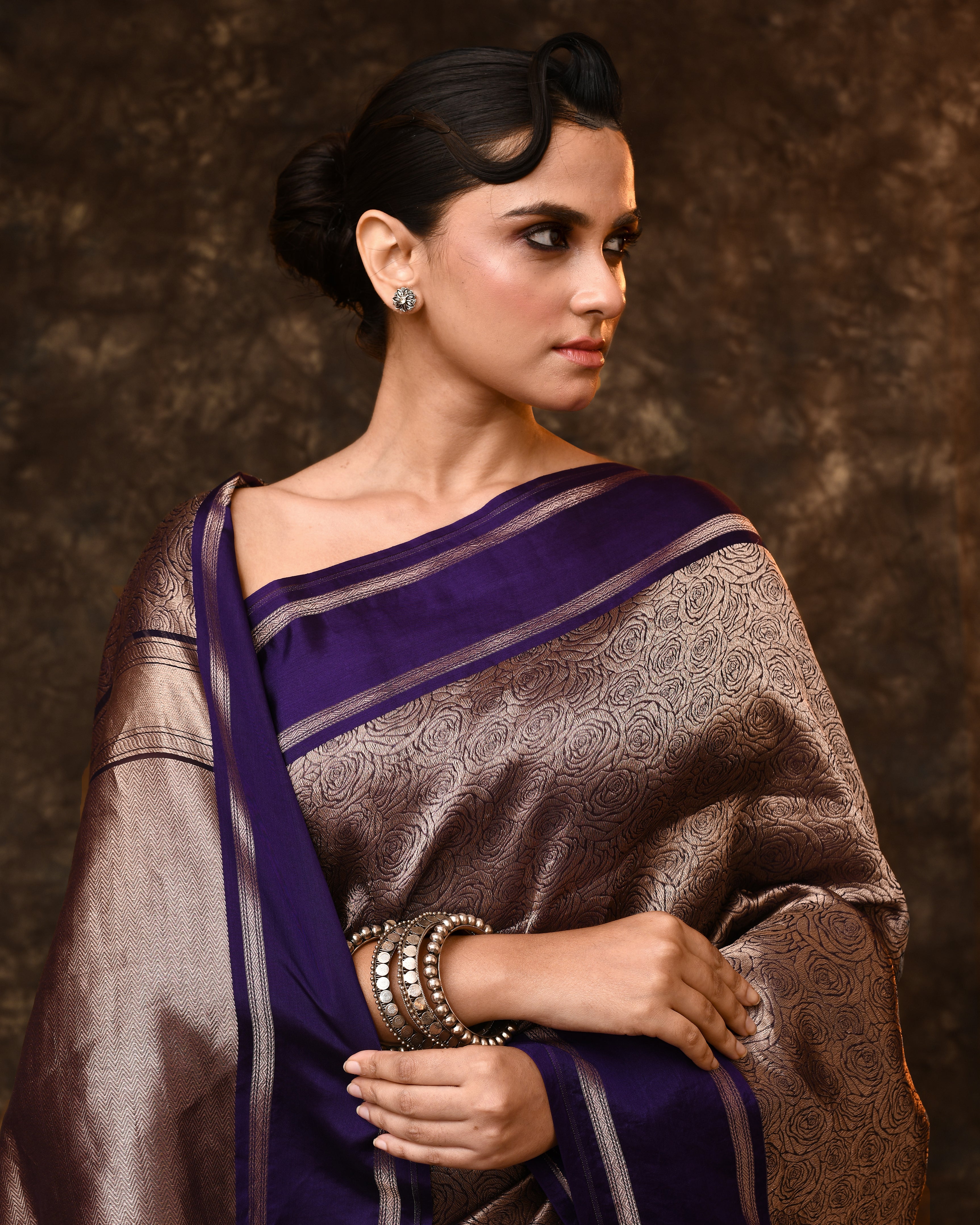Purple Floral Kora Silk Saree with Running Blouse Piece