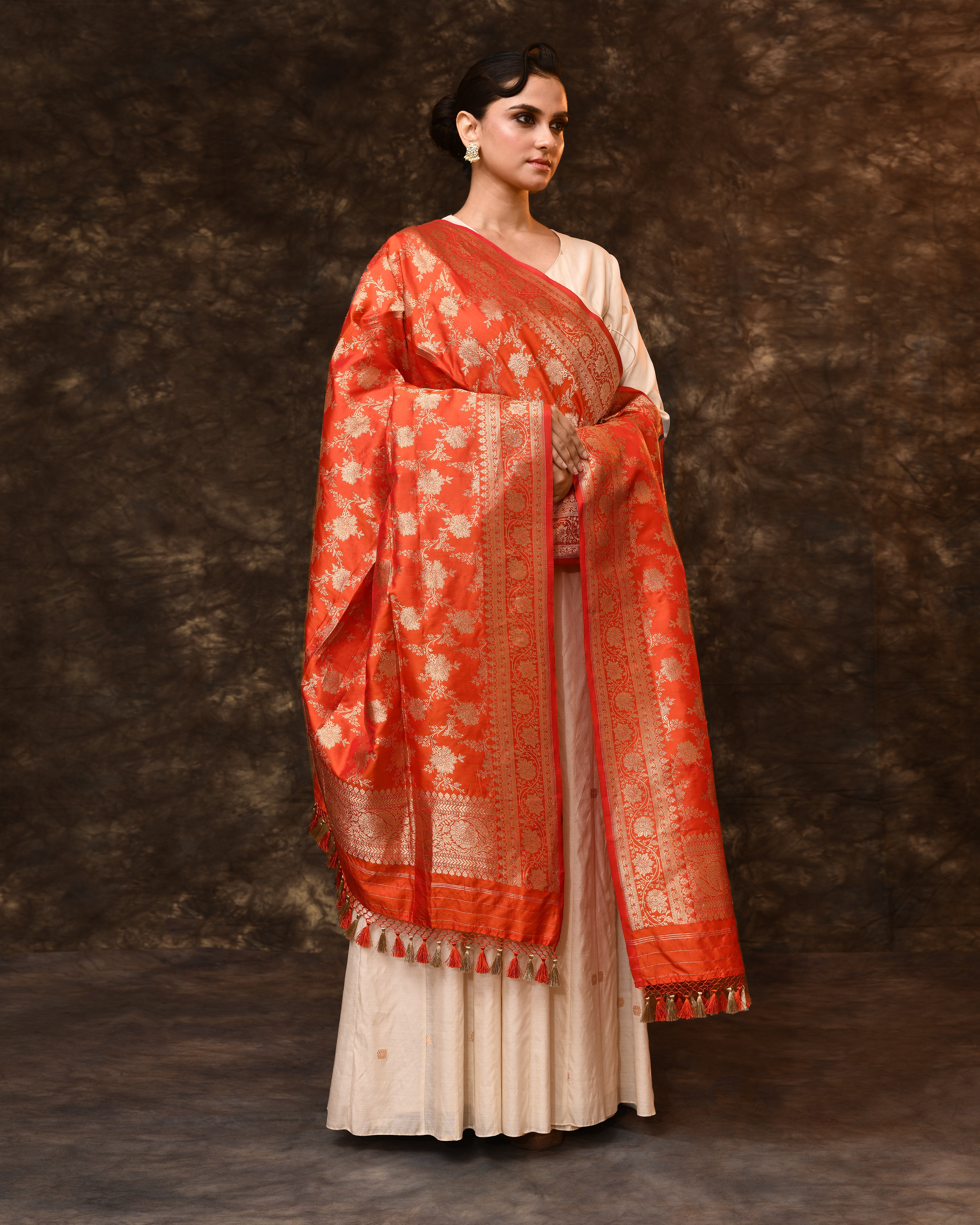 Orange Handwoven Zari Jaal Silk Duppatta