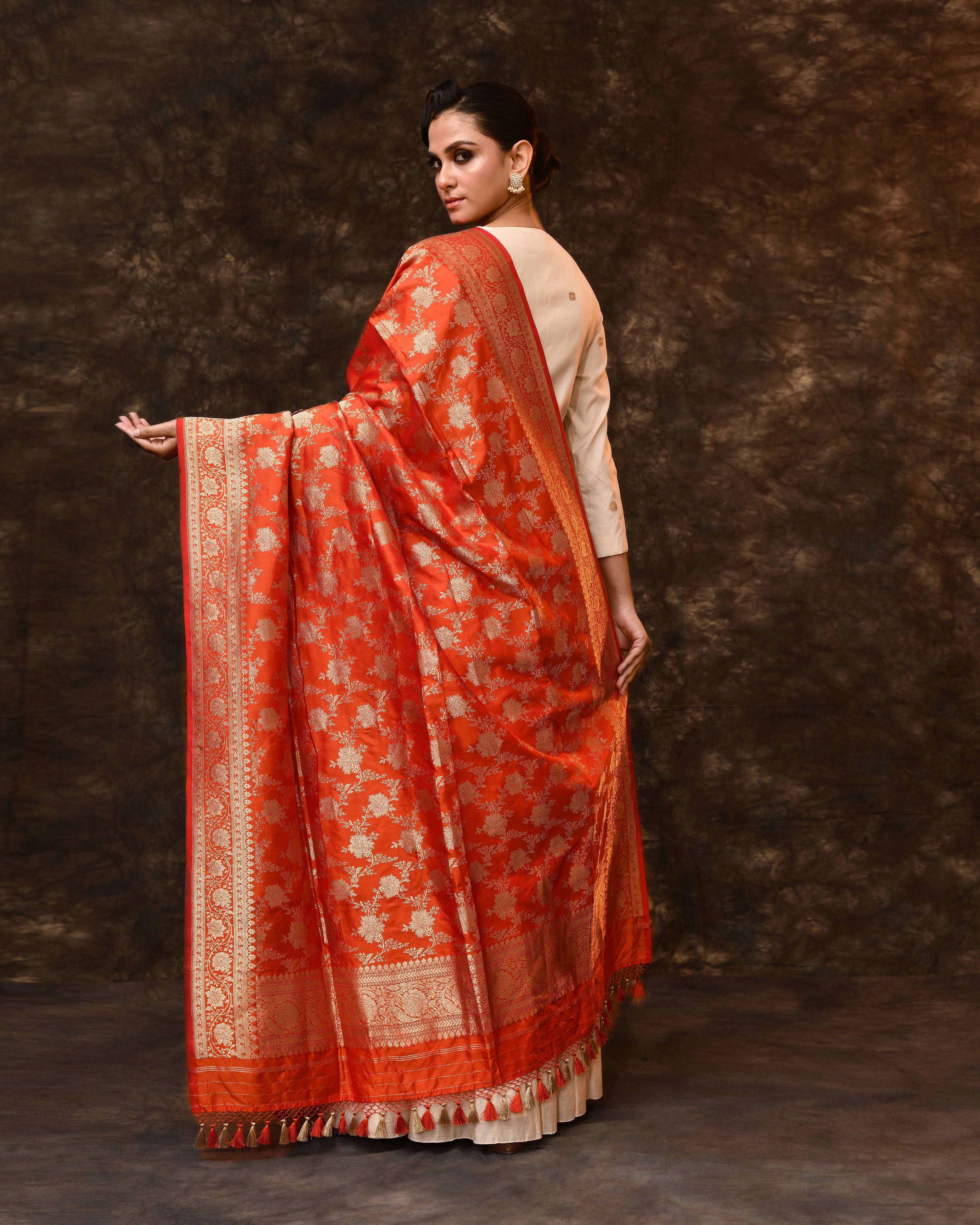 Orange Handwoven Zari Jaal Silk Duppatta