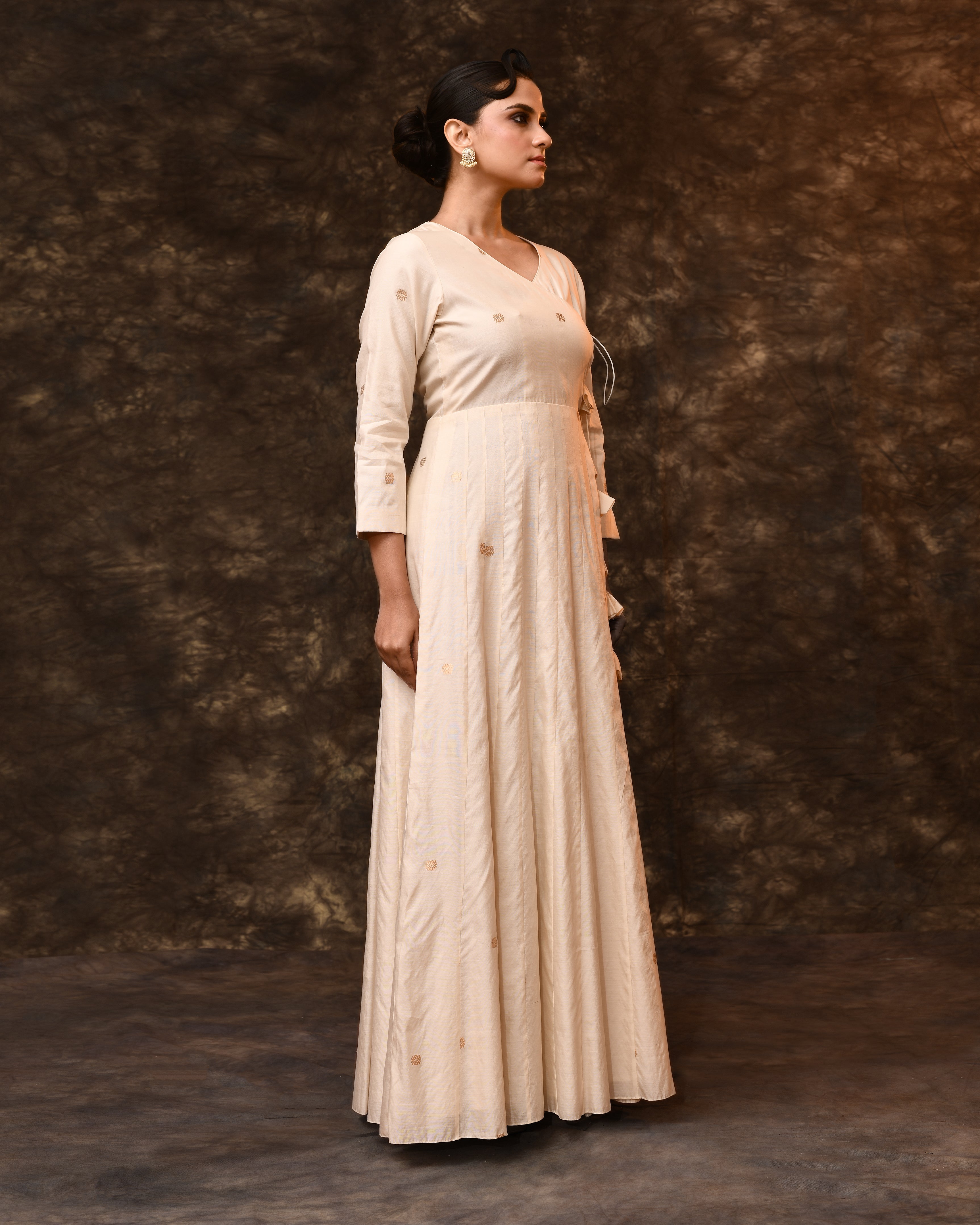 White Gold Booti Summer Silk Angrakha