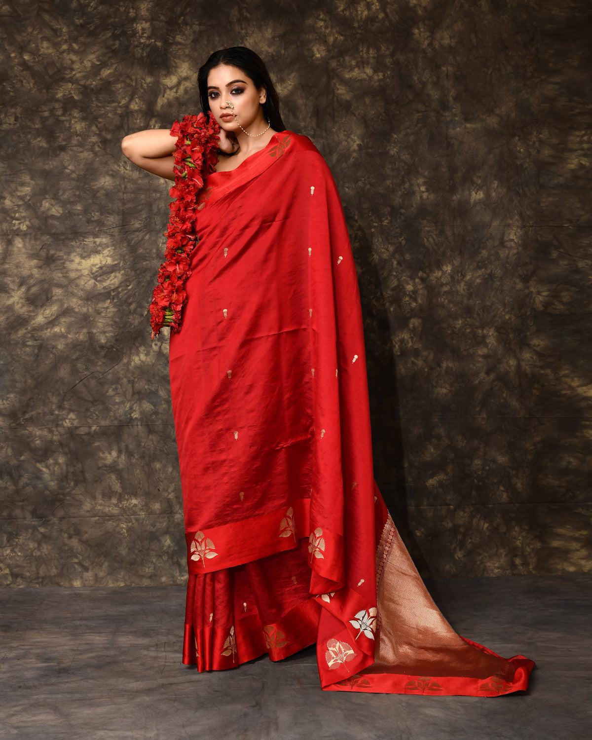 Red Floral Poona Silk Saree