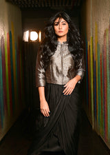 Satin Drape Skirt with Short Brocade Silk Contemporary Weave Jacket