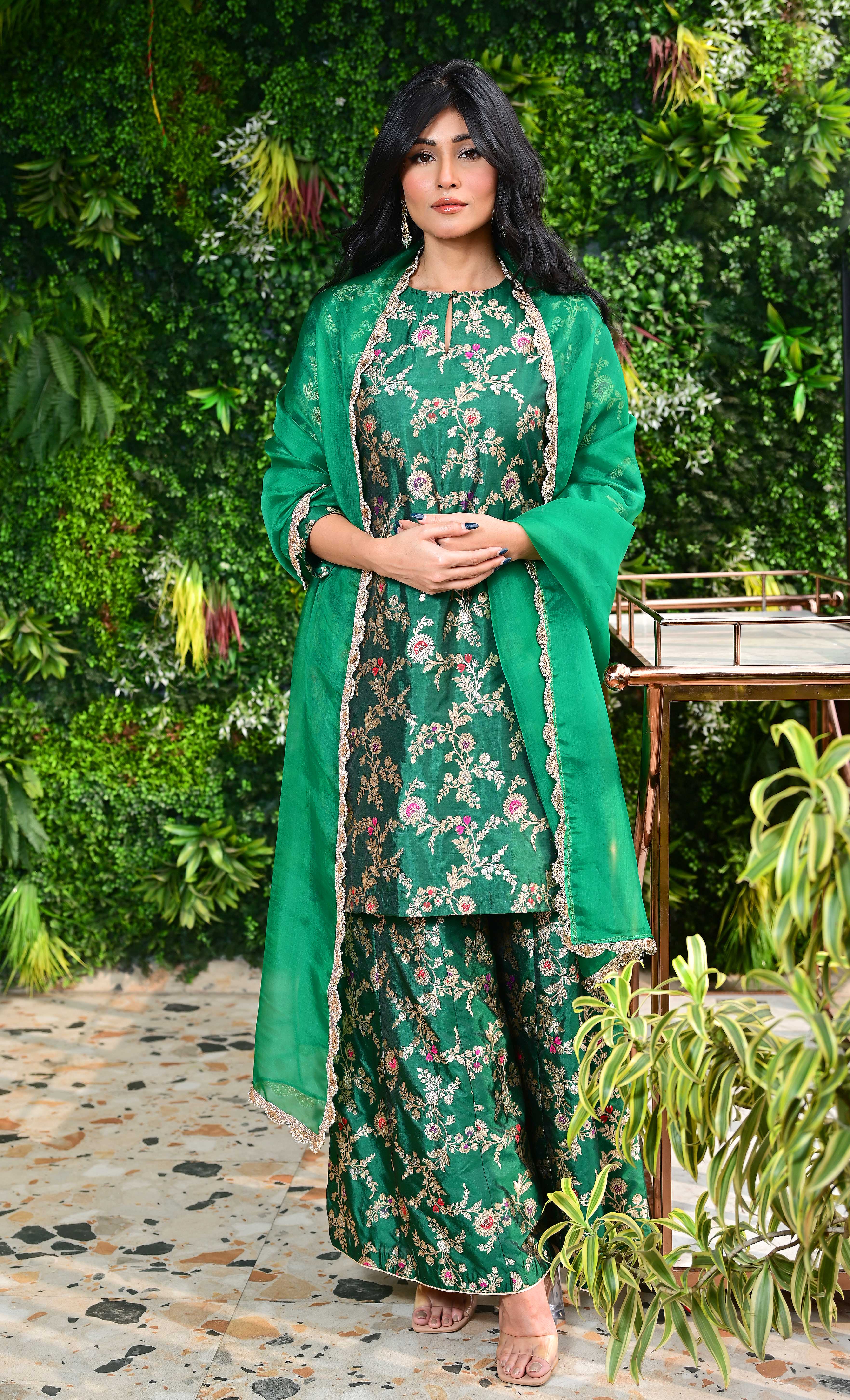 Emerald Green Banarasi Silk Kurta Sharara Set