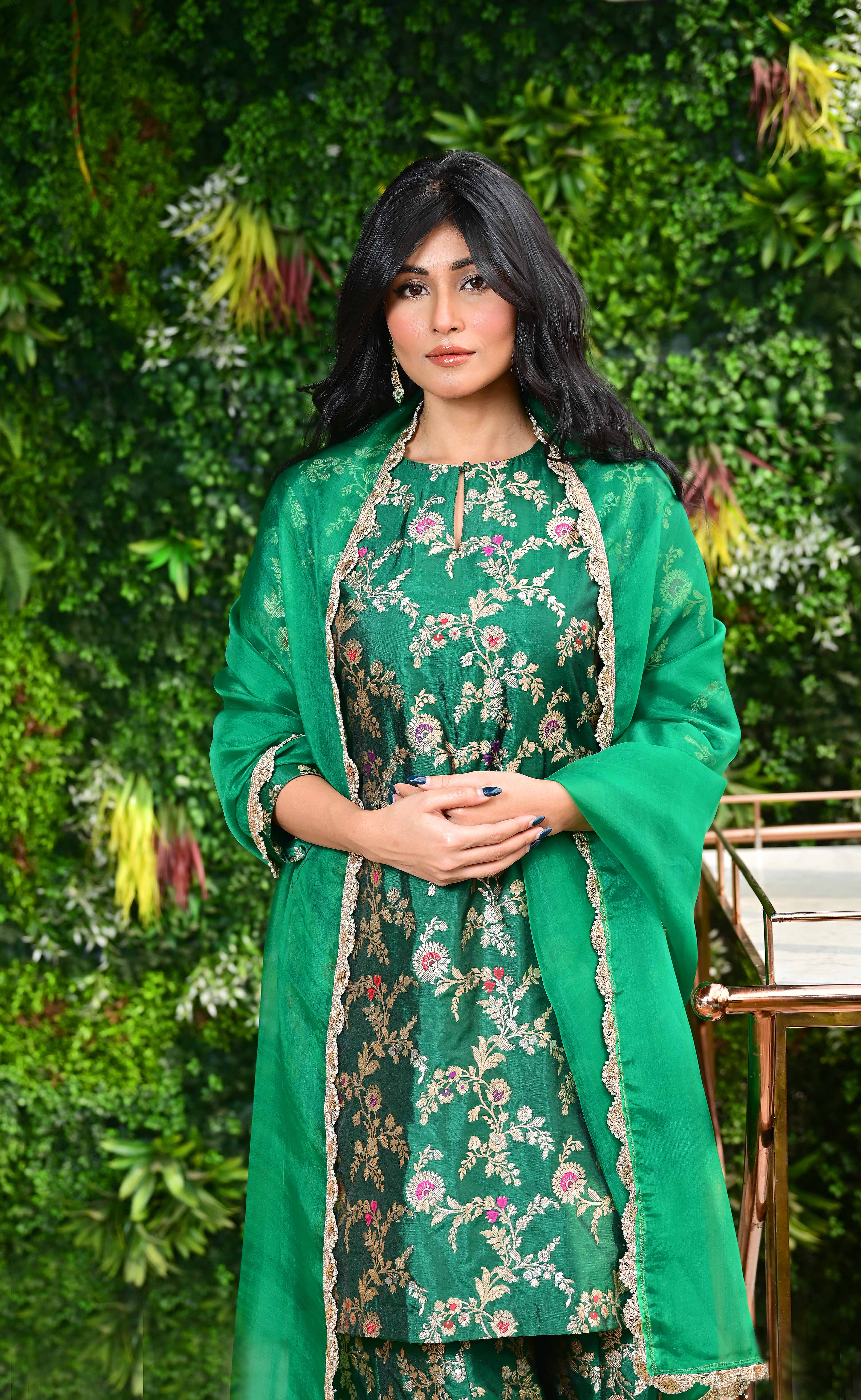 Emerald Green Banarasi Silk Kurta Sharara Set