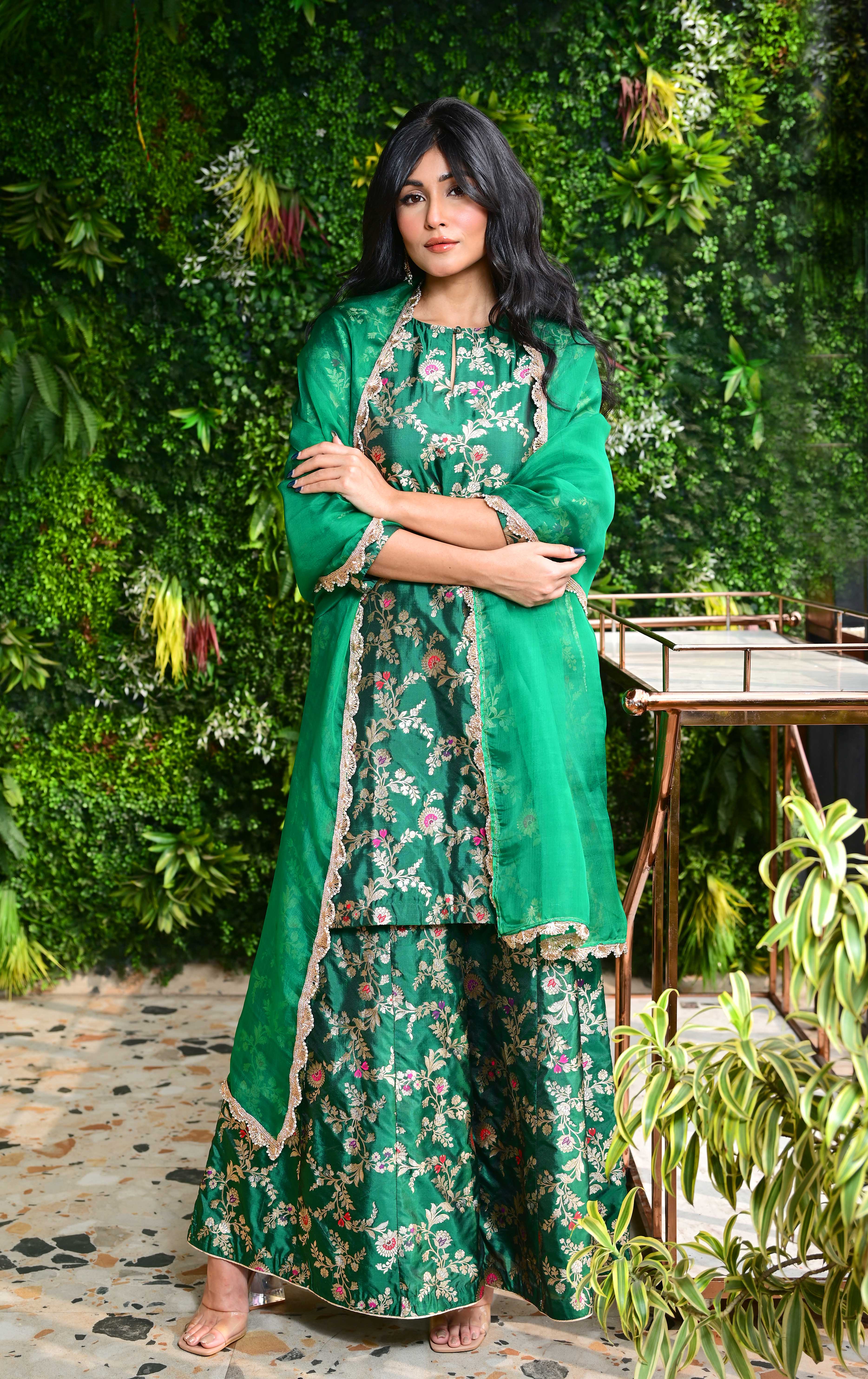 Emerald Green Banarasi Silk Kurta Sharara Set