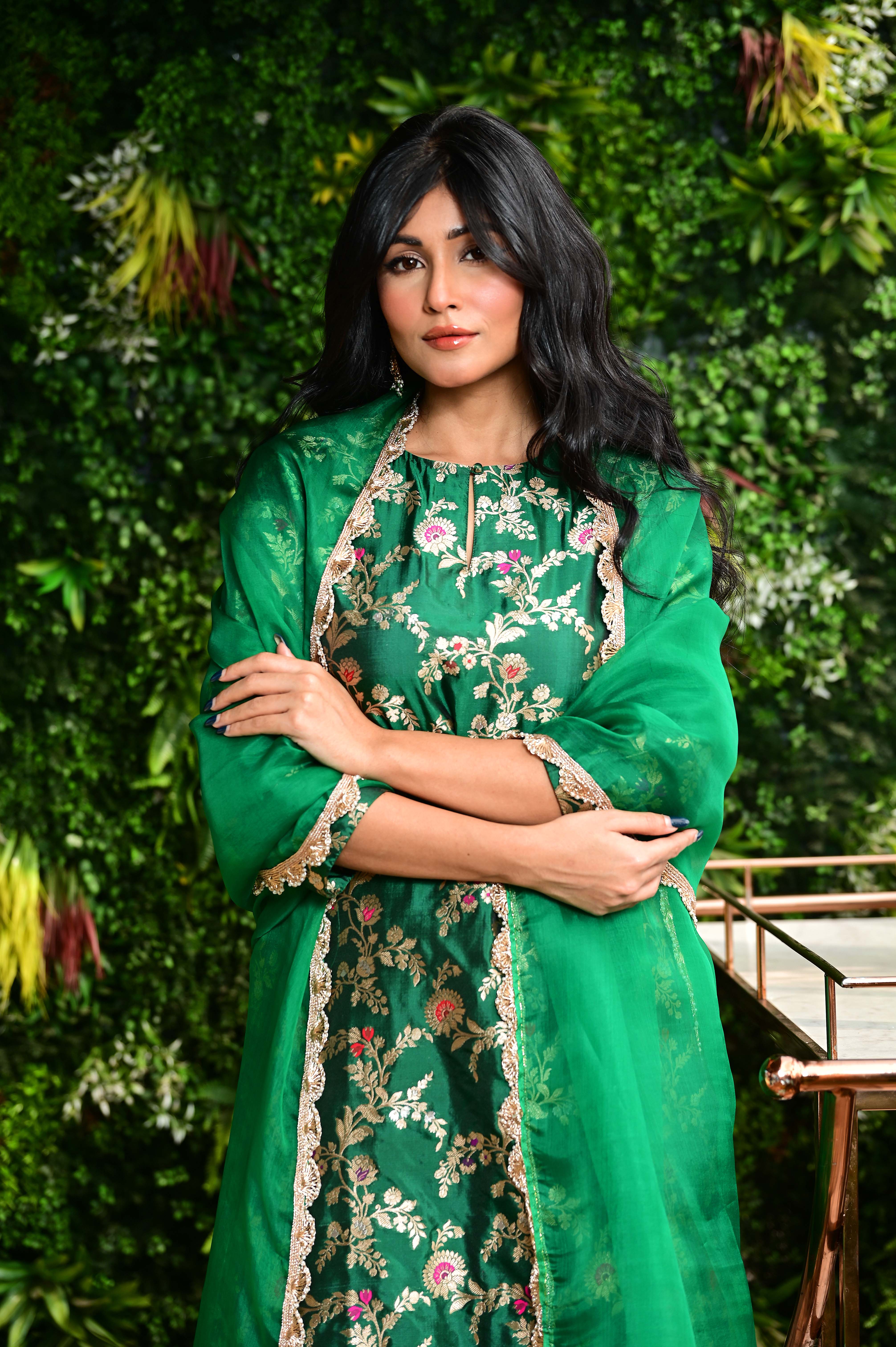 Emerald Green Banarasi Silk Kurta Sharara Set