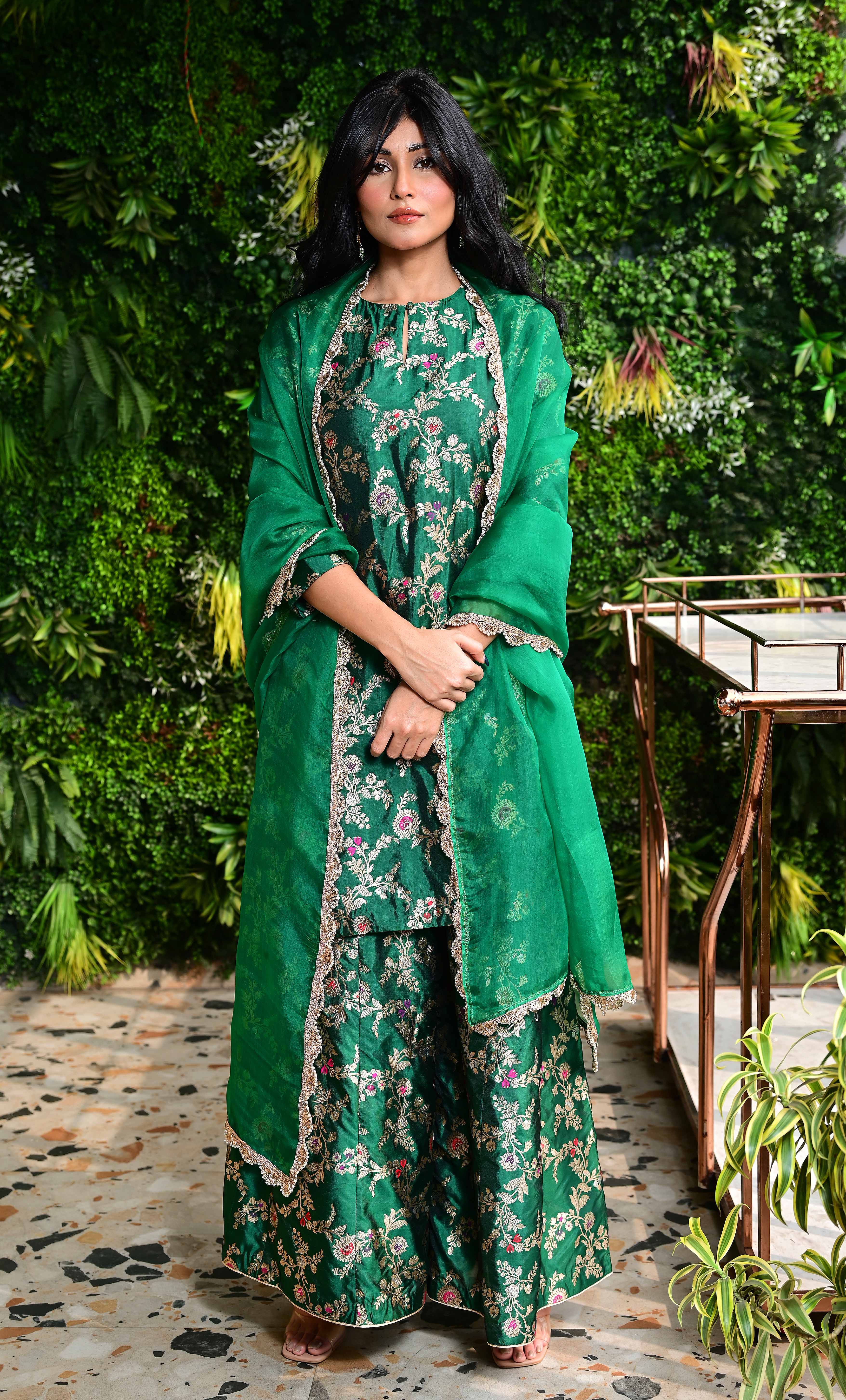 Emerald Green Banarasi Silk Kurta Sharara Set