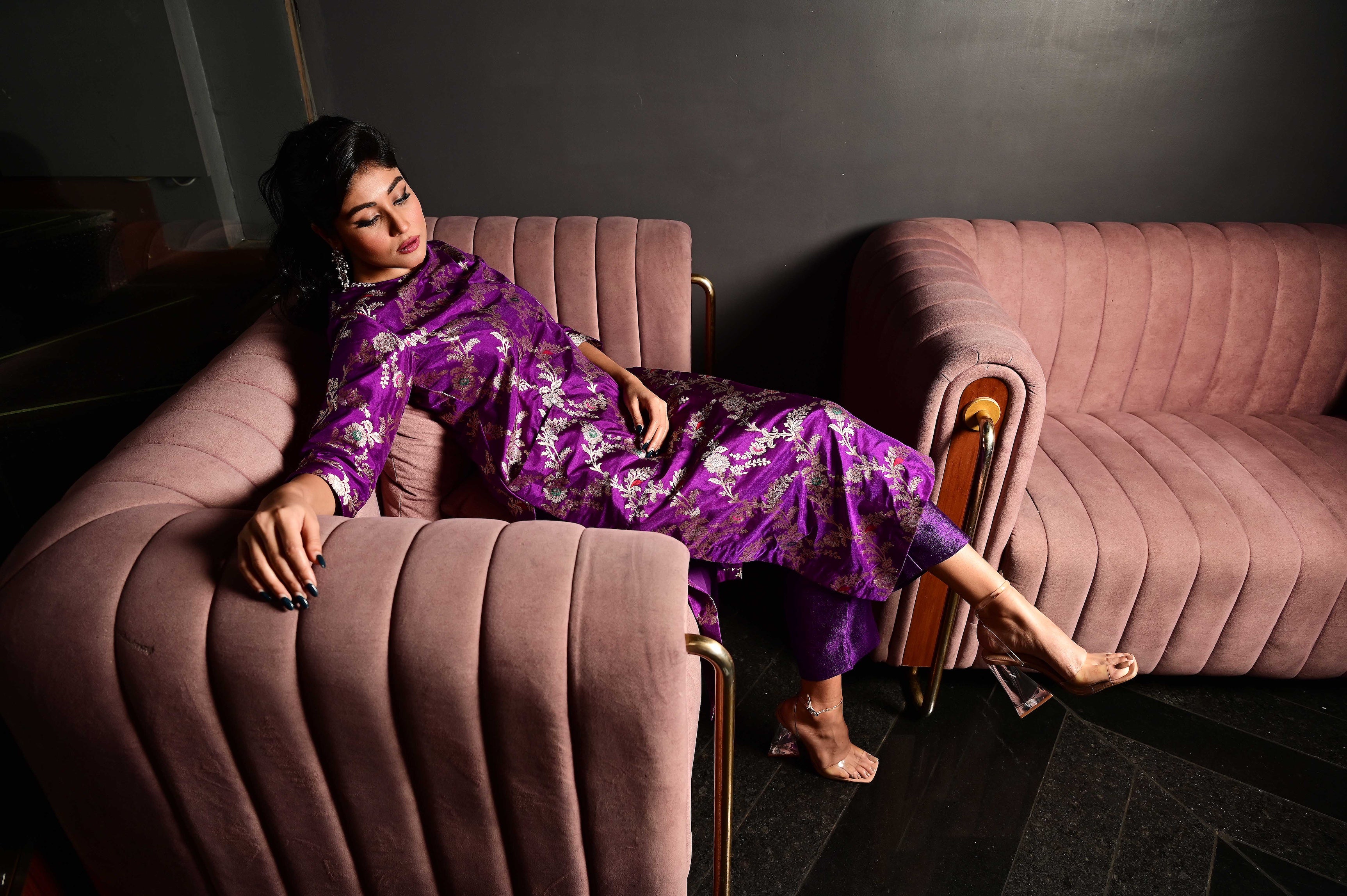 Purple Banarasi Silk Kurta Set with Pockets