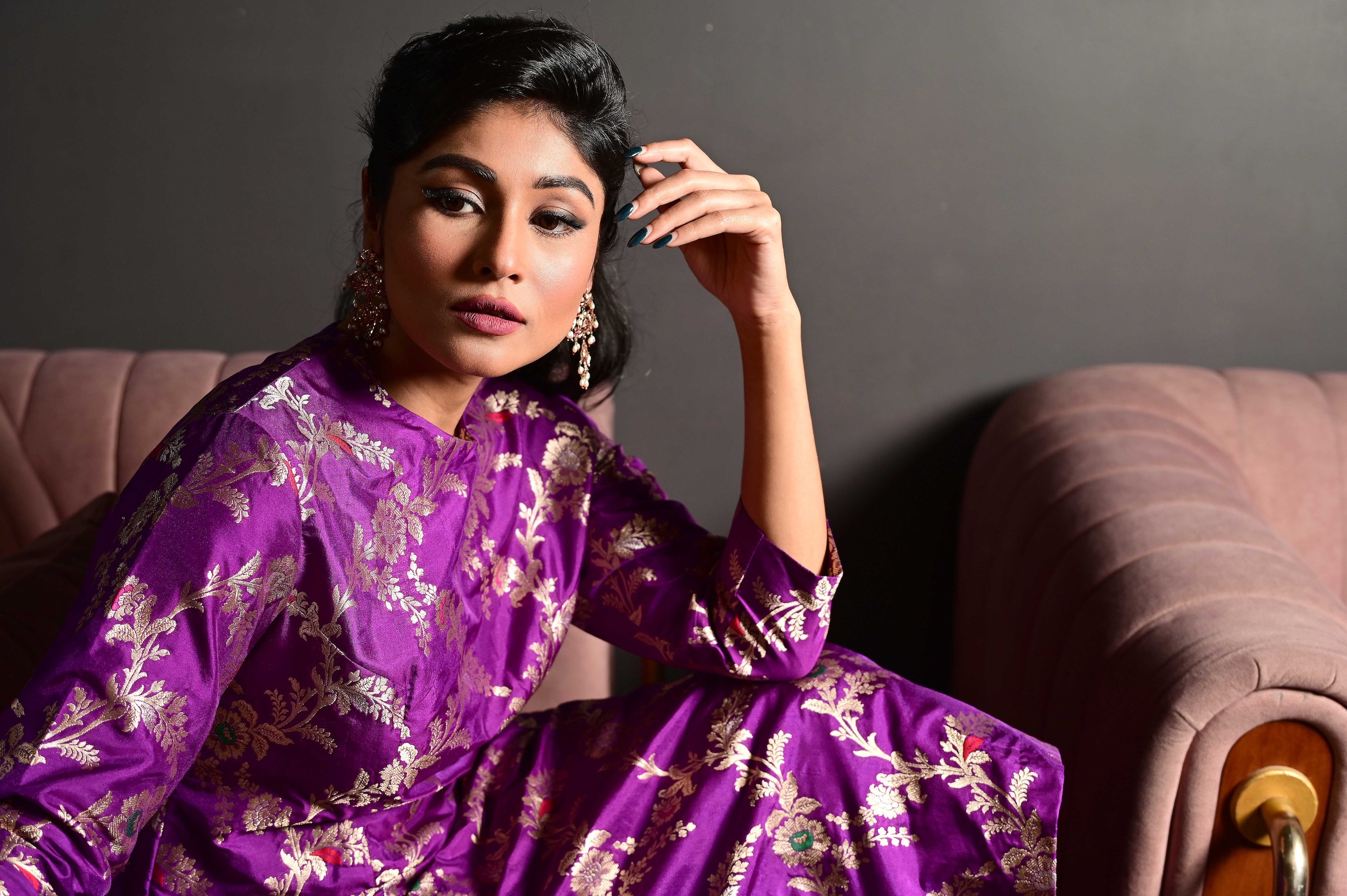 Purple Banarasi Silk Kurta Set with Pockets