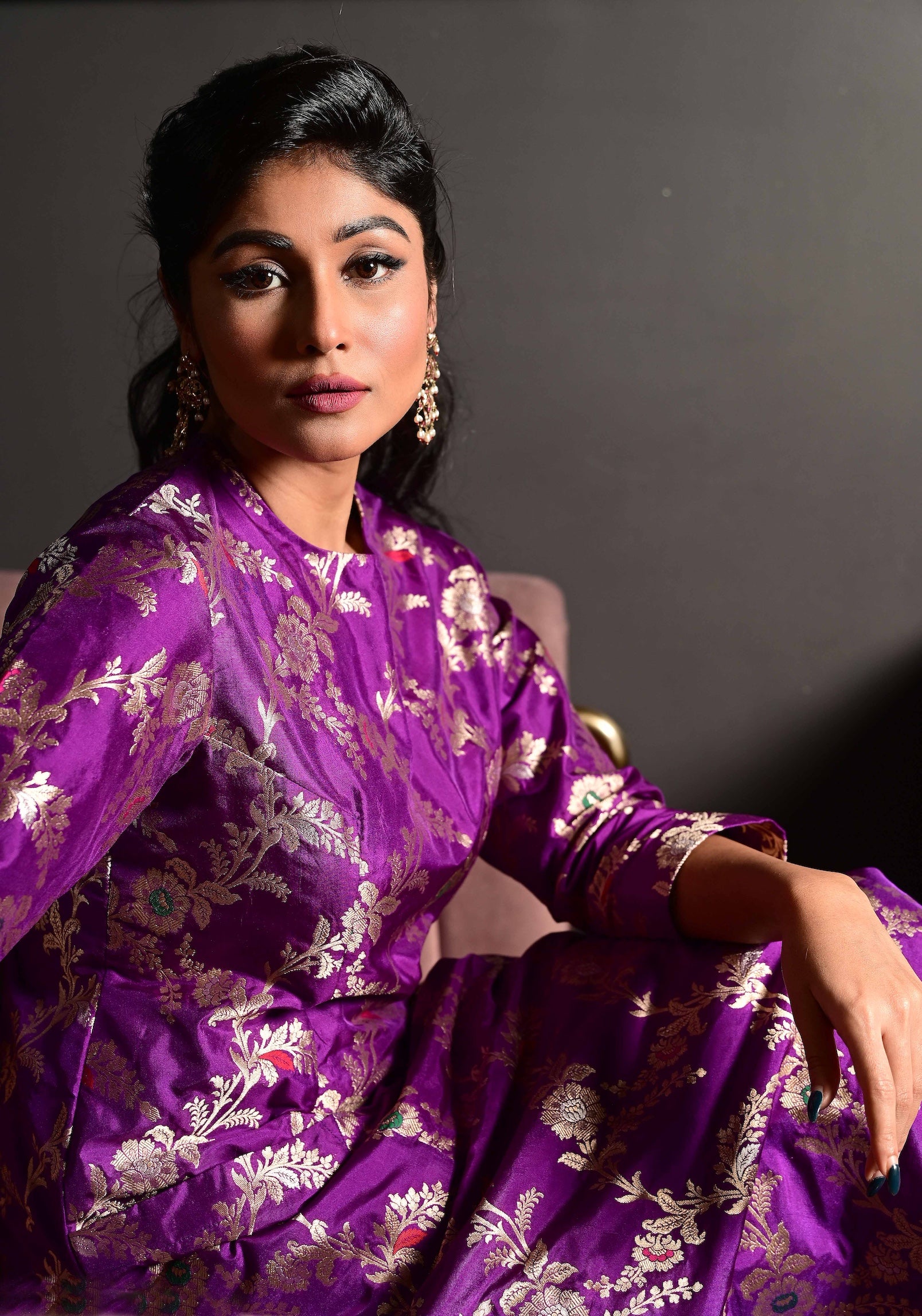 Purple Banarasi Silk Kurta Set with Pockets