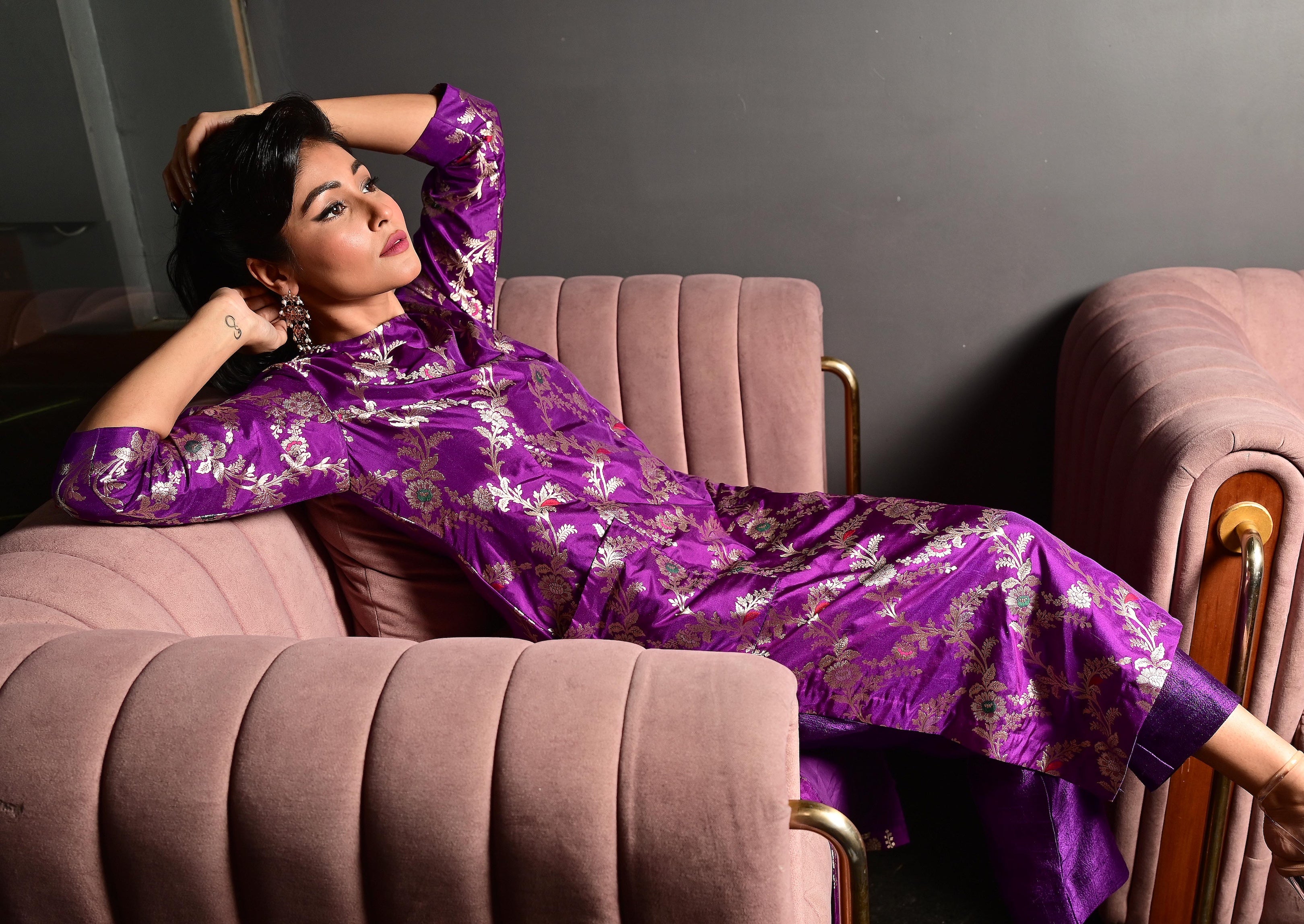 Purple Banarasi Silk Kurta Set with Pockets
