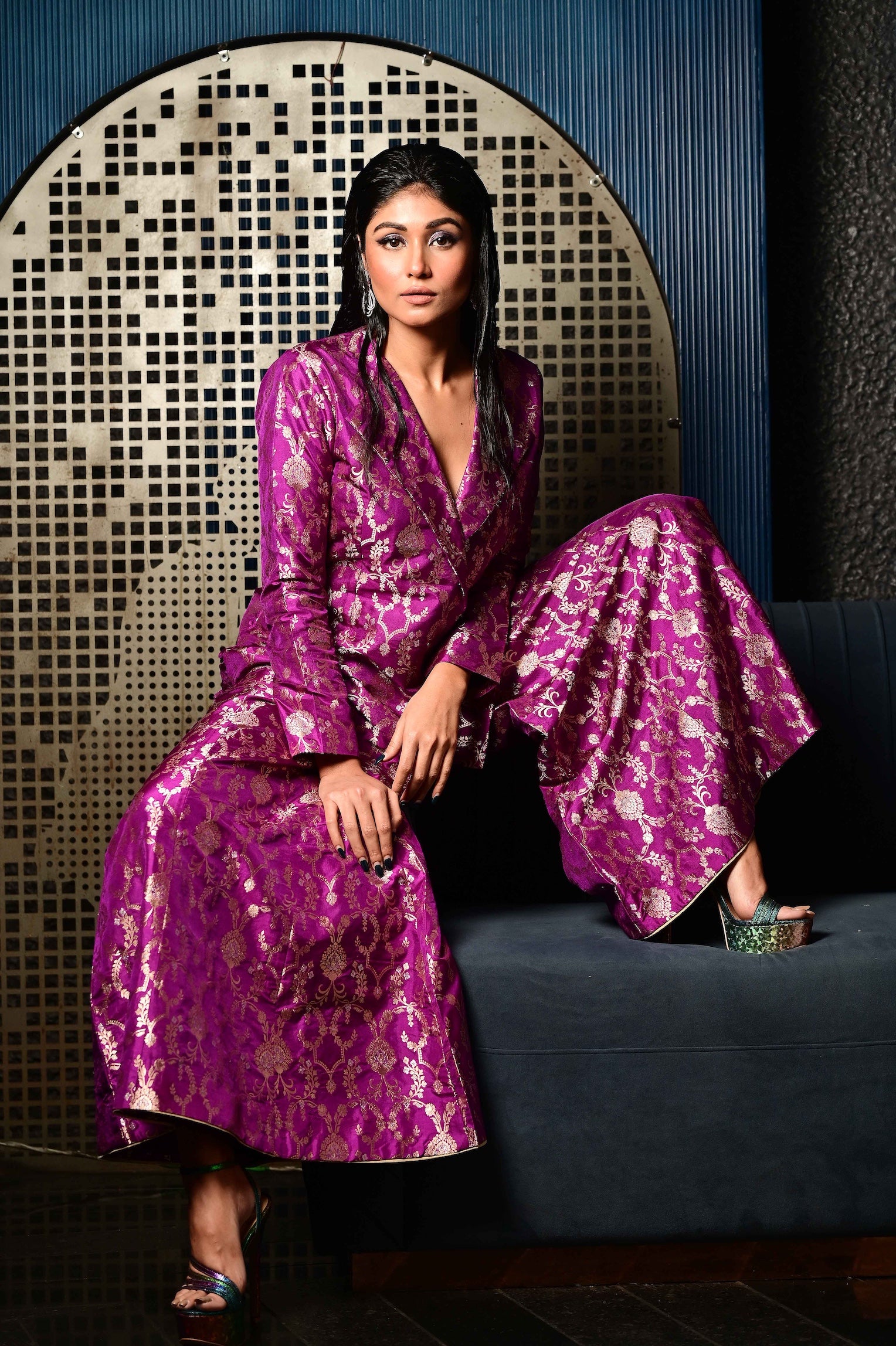 Purple Woven Banarasi Silk Jacket Garara Set
