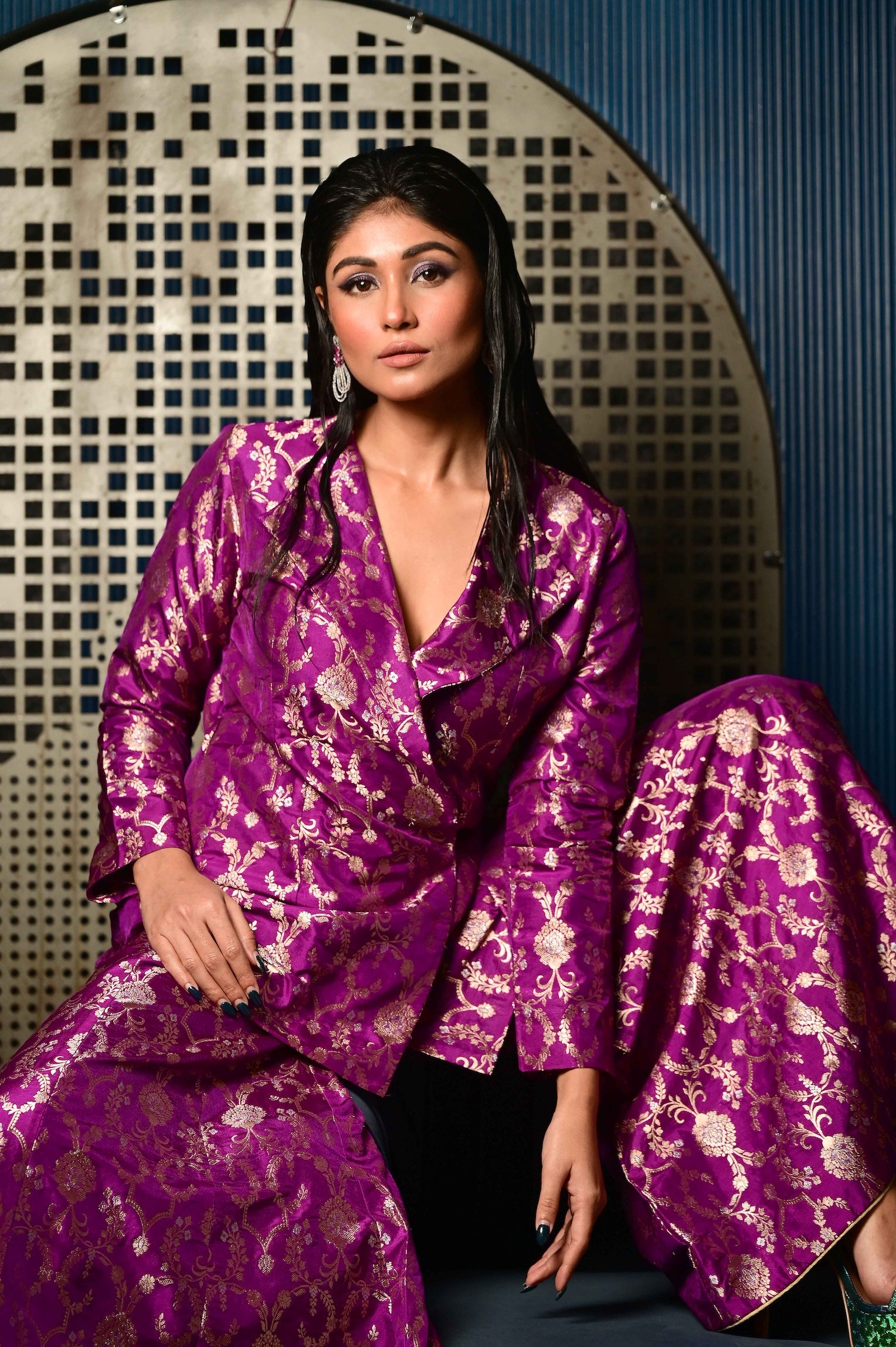 Purple Woven Banarasi Silk Jacket Garara Set