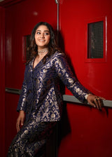 Pratibha Singh in Blue Brocade Silk Jacket Garara Set