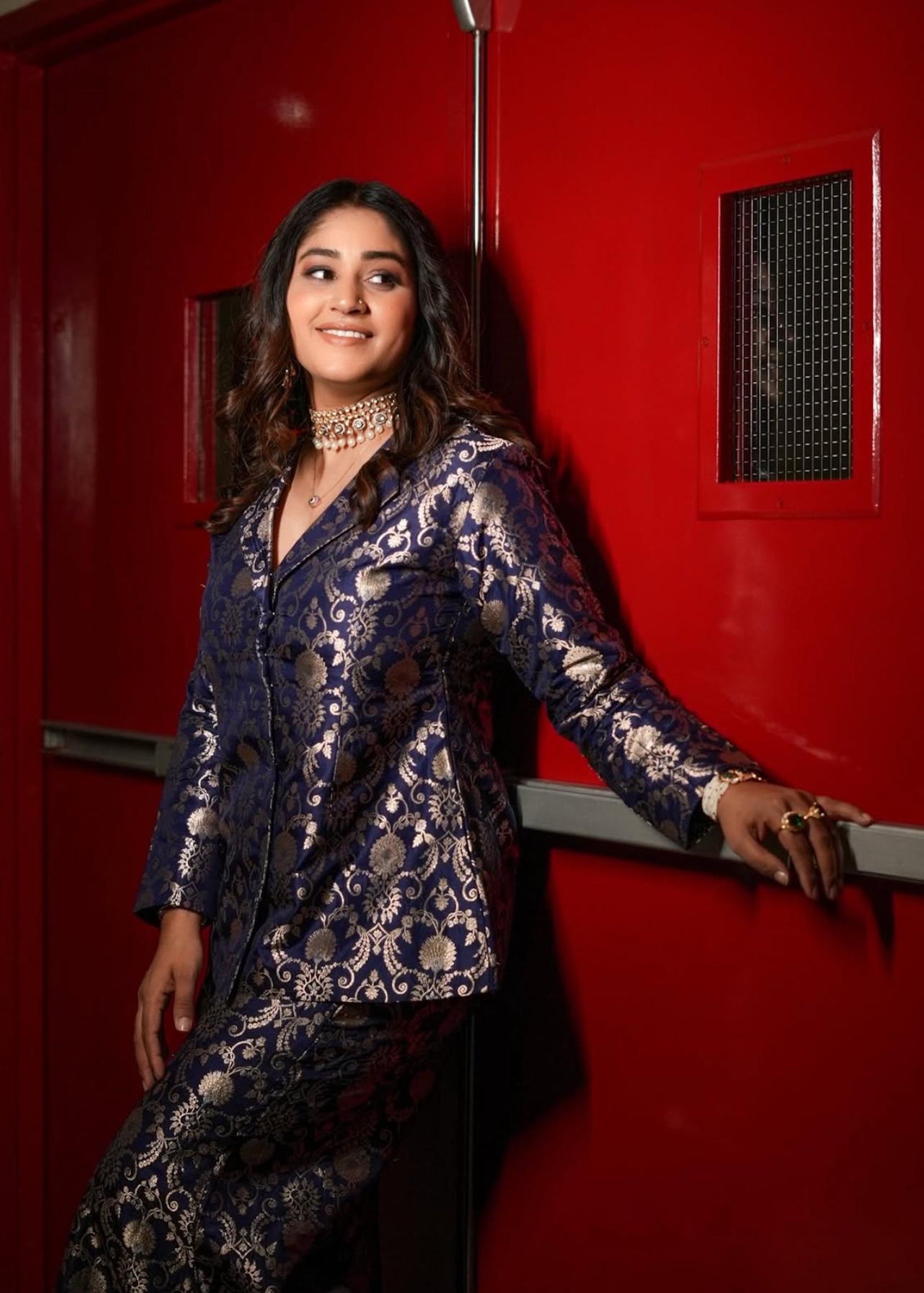 Pratibha Singh in Blue Brocade Silk Jacket Garara Set