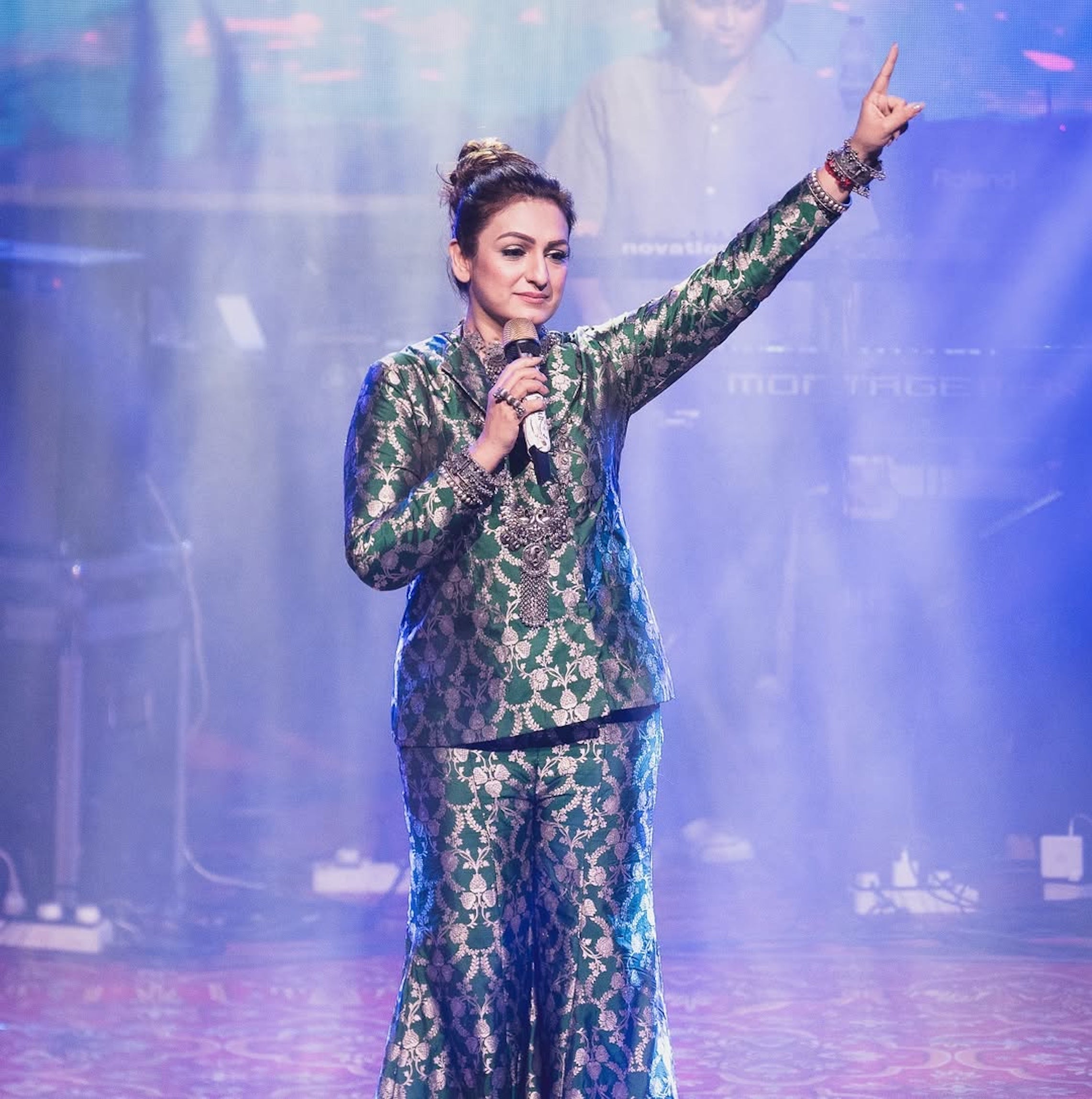 Akriti Kakkar in Green Banarsi Silk Jacket Garara Set