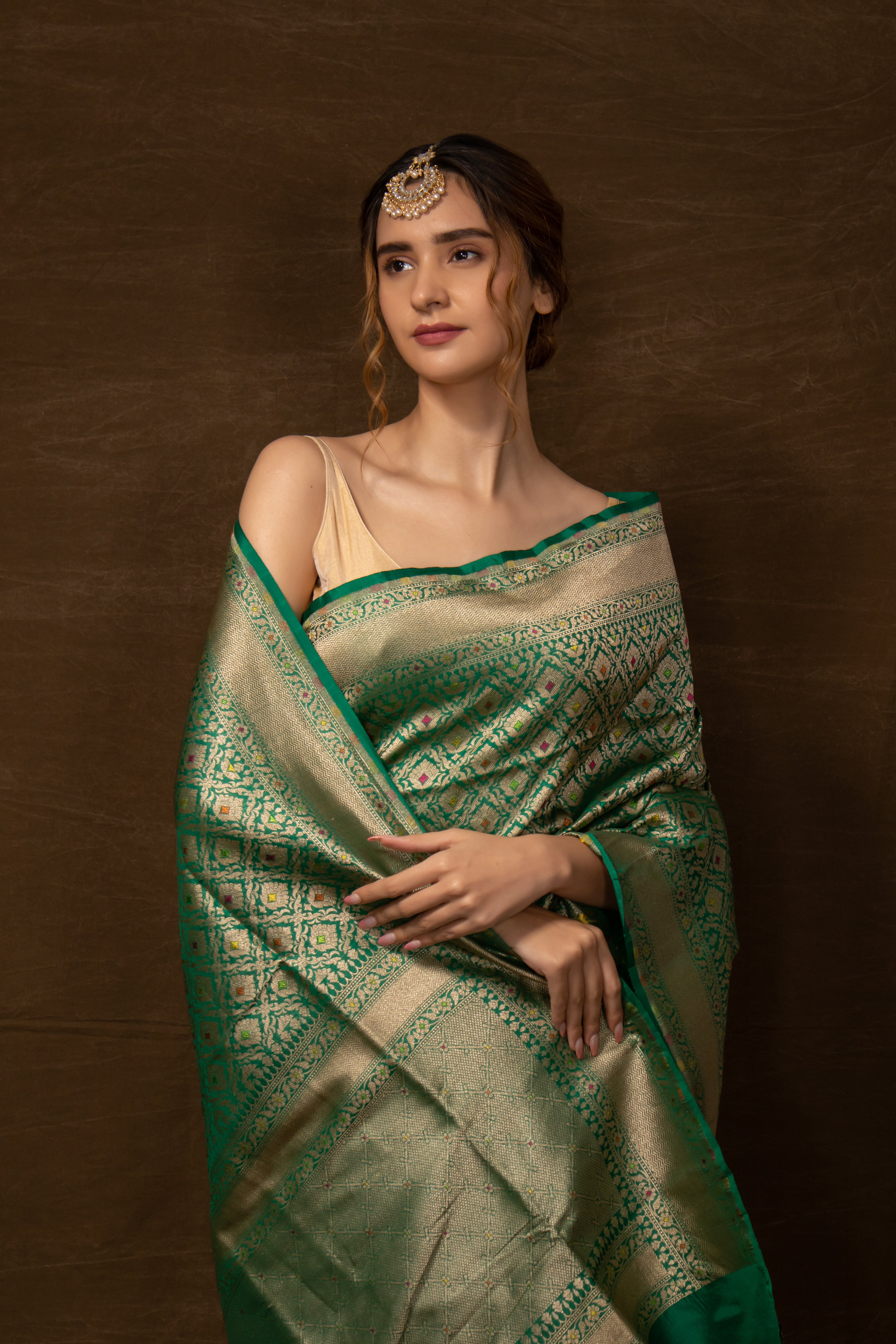 Banarasi Meenakari Jaal Green Silk Saree