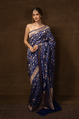 Blue Banarasi Shikargah Silk Saree with Running Blouse