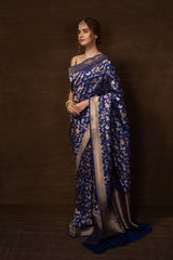 Blue Banarasi Shikargah Silk Saree with Running Blouse