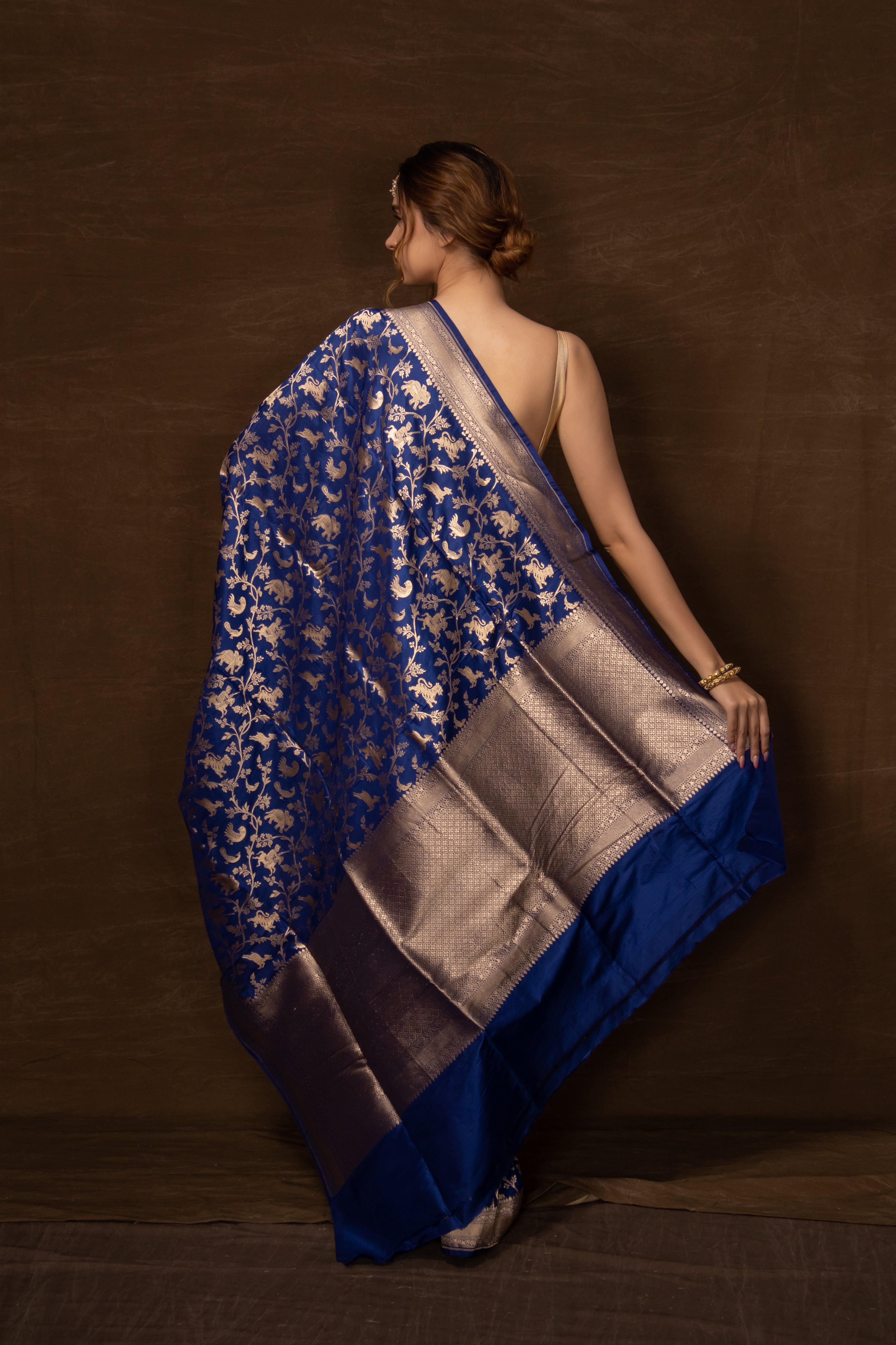 Blue Banarasi Shikargah Silk Saree with Running Blouse