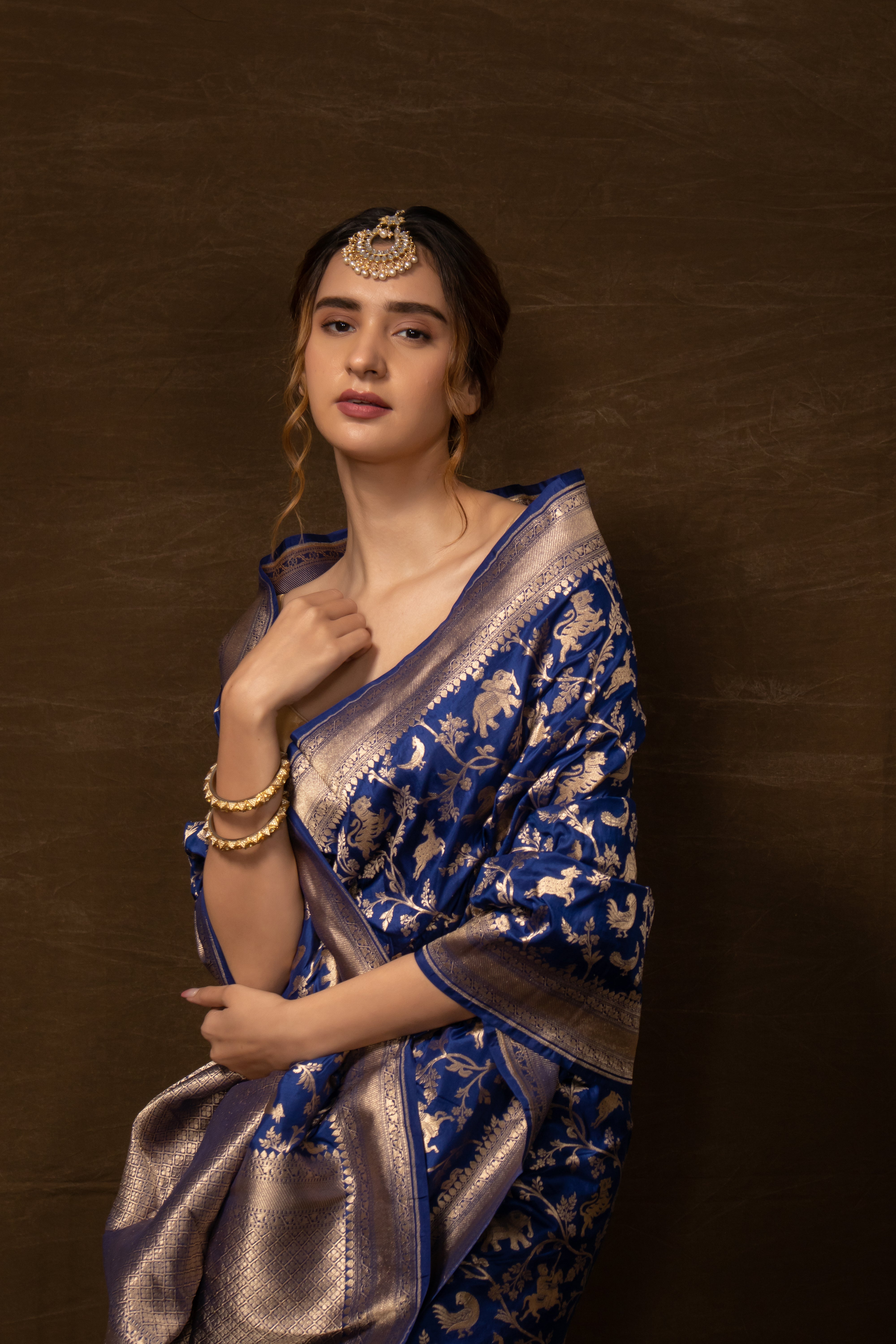 Blue Banarasi Shikargah Silk Saree with Running Blouse