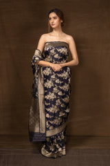 Midnight Blue Banarasi Silk Saree with Floral Bunches