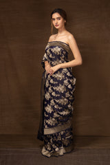 Midnight Blue Banarasi Silk Saree with Floral Bunches