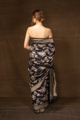 Midnight Blue Banarasi Silk Saree with Floral Bunches