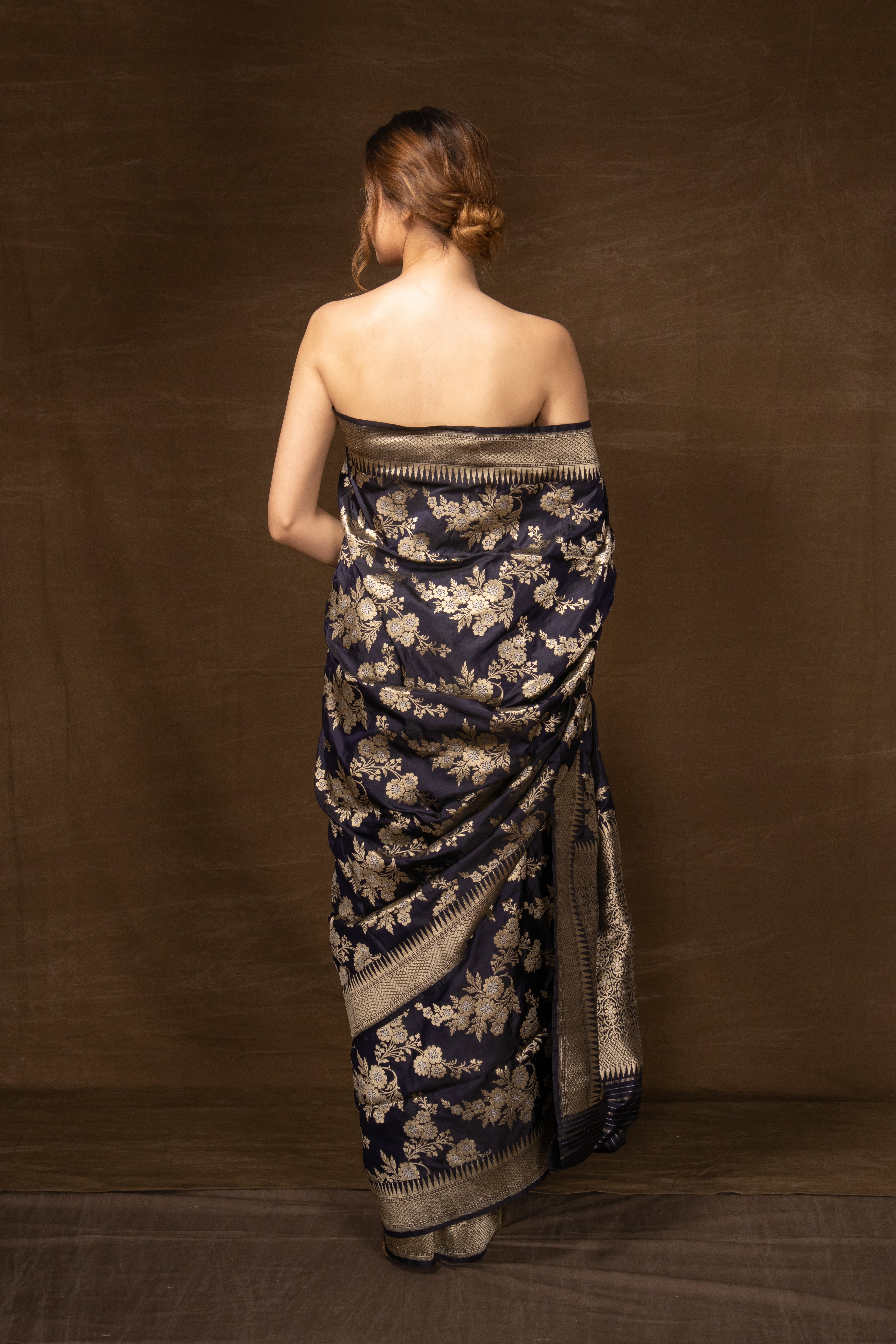 Midnight Blue Banarasi Silk Saree with Floral Bunches