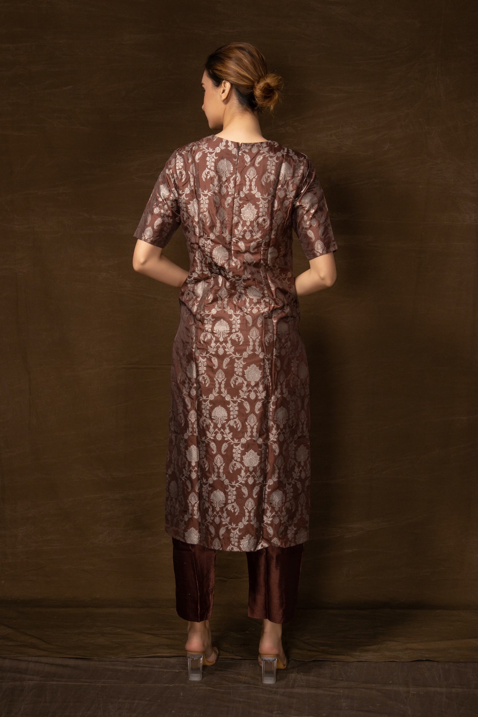 Banarasi Jaal Brown Kurta with Silver zari Weaving and Raw Silk Pant