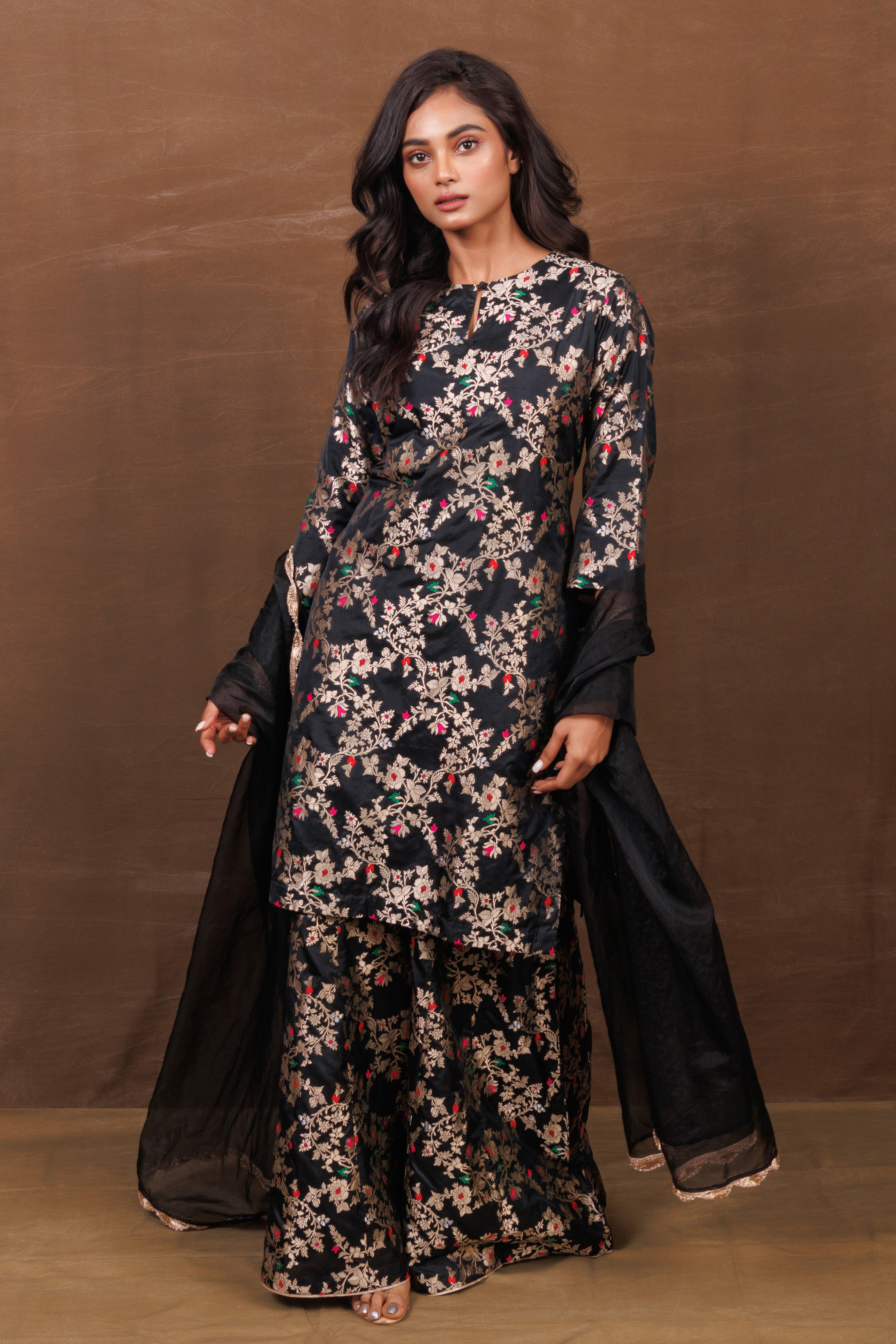 Black Sharara Set with Meenakari Details & Organza Scallop Dupatta