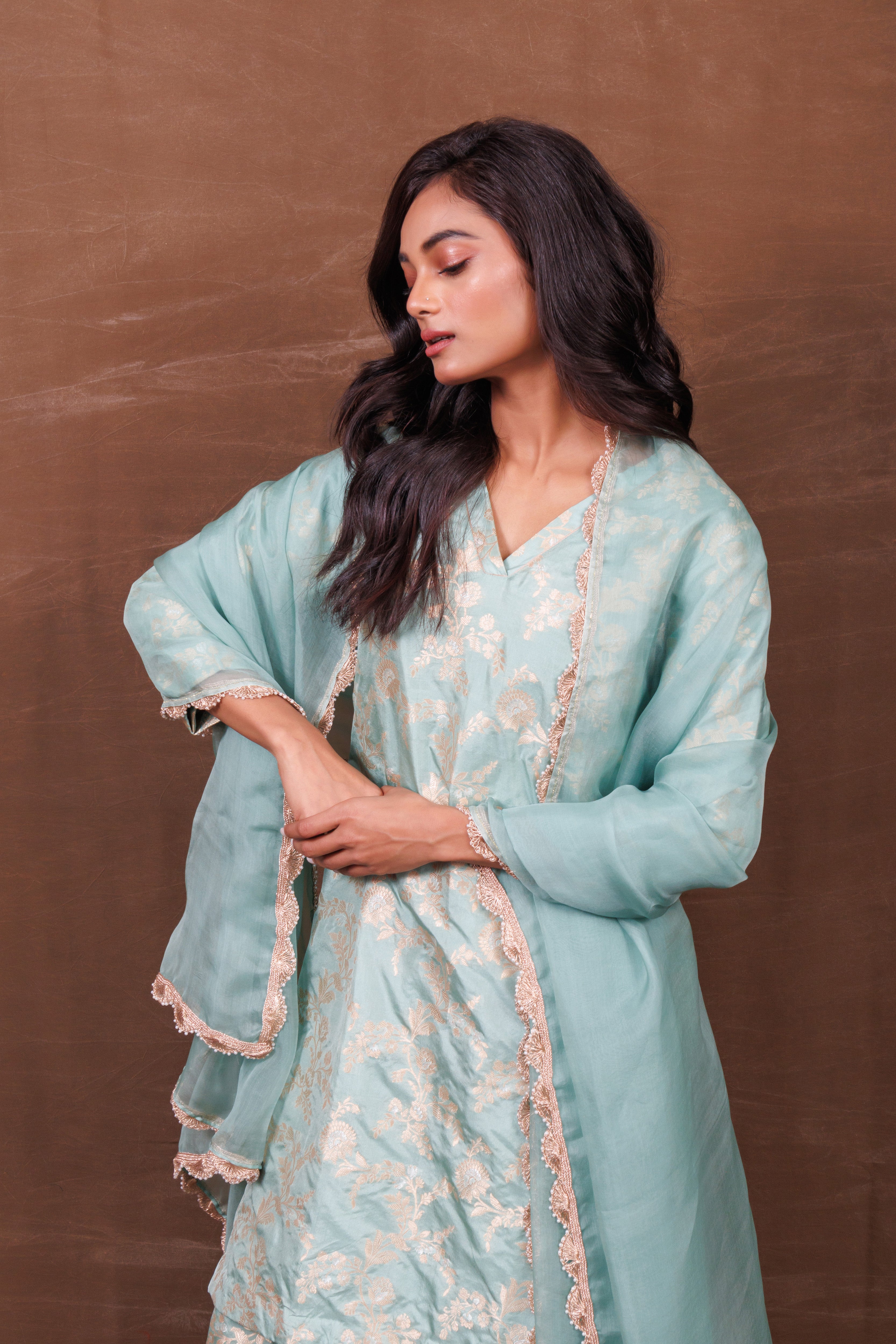 Firozi Silk Sharara Set with Gold-Silver Weaving & Organza Dupatta