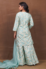 Firozi Silk Sharara Set with Gold-Silver Weaving & Organza Dupatta