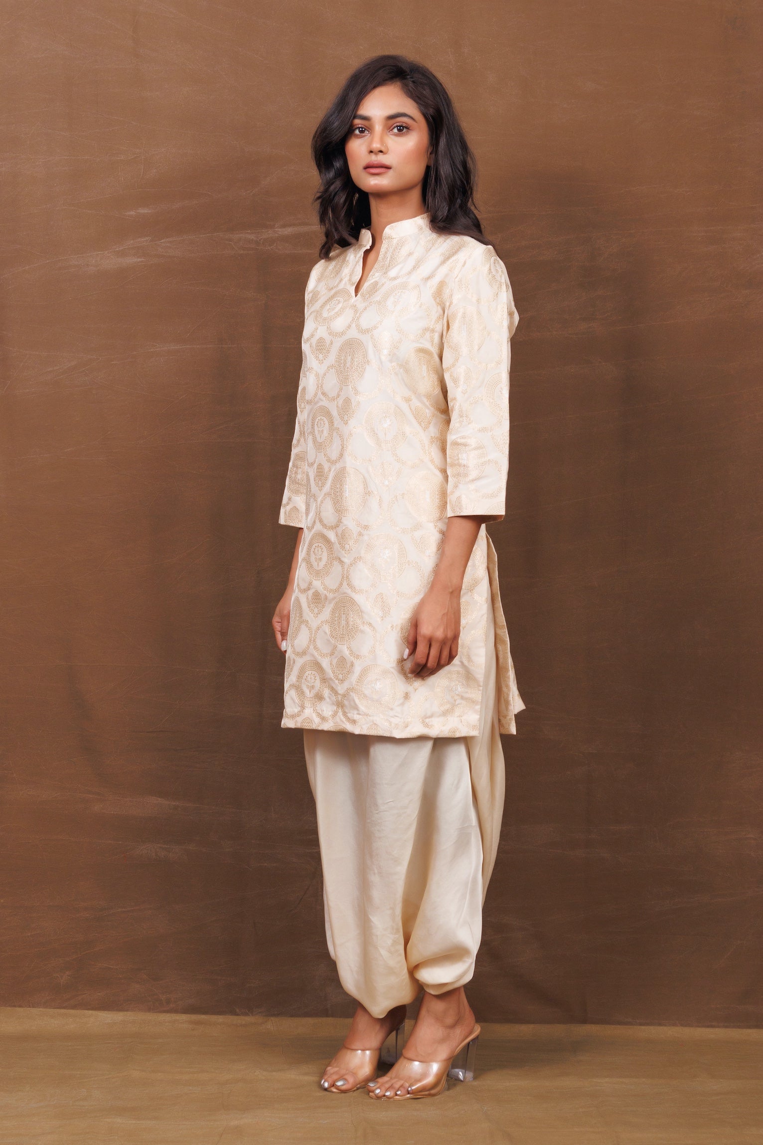 Banarasi Silk Ivory Kurta with Satin Dhoti