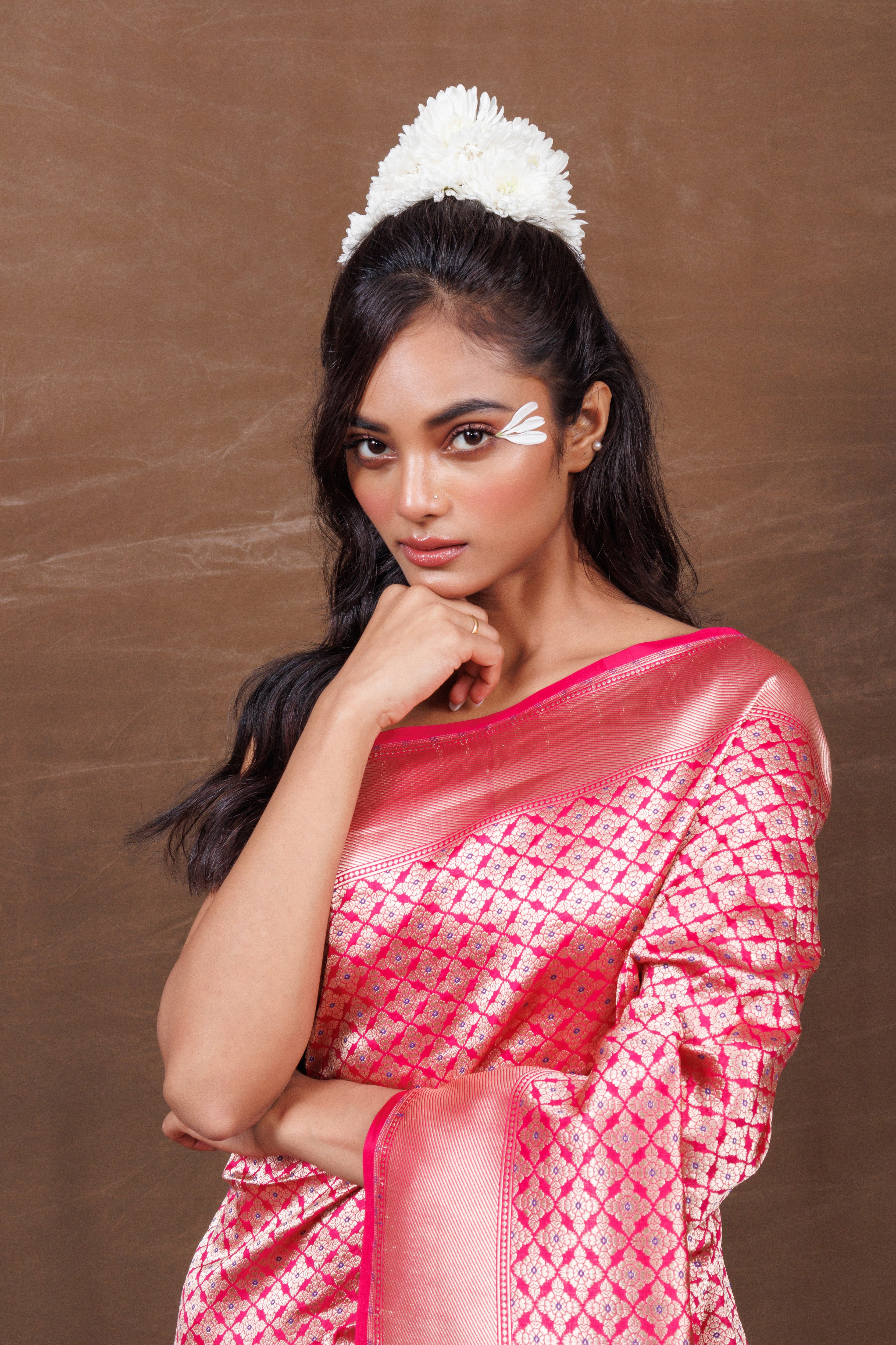 Pink Banarasi Saree with Jaal Weaving & Meenakari