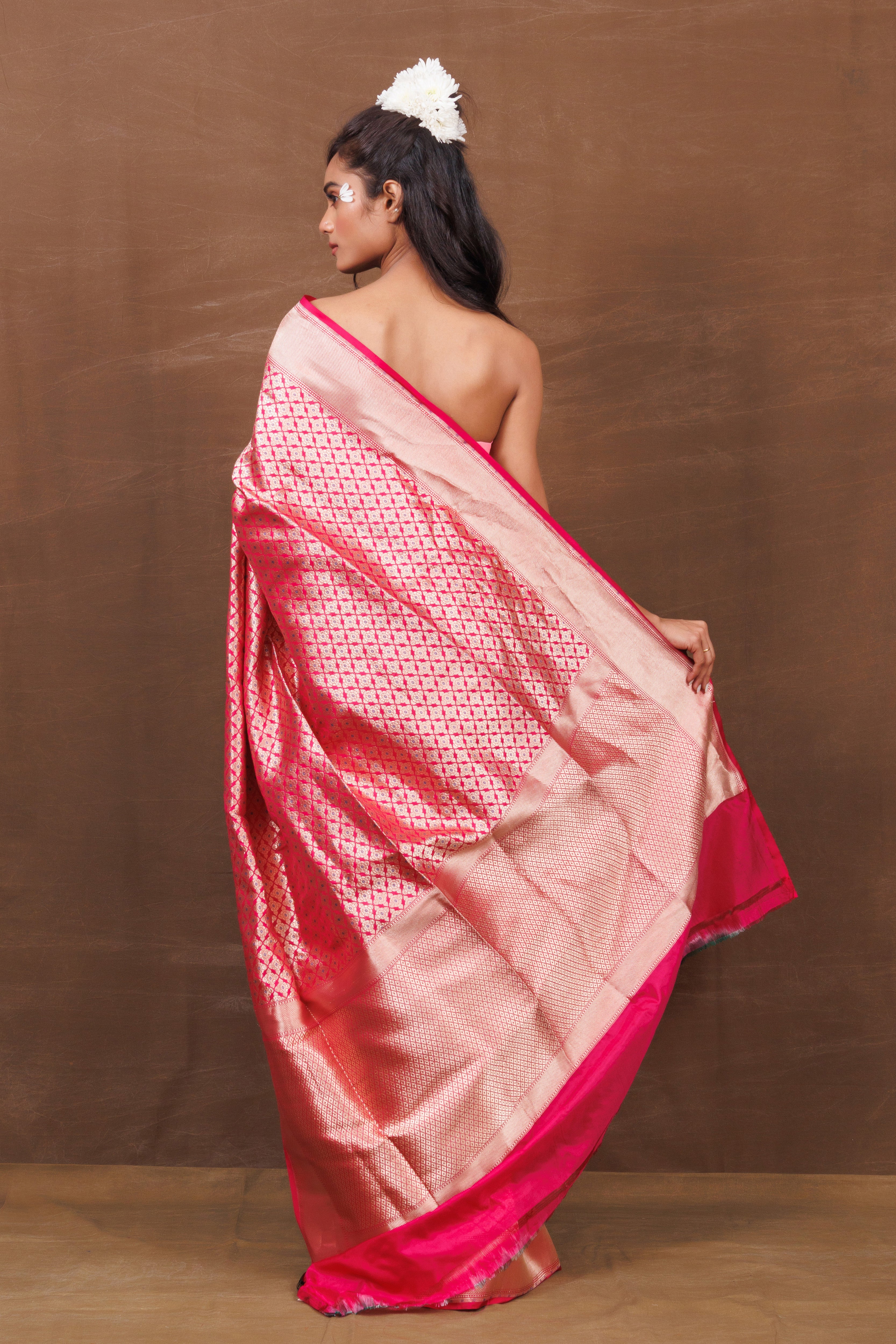 Pink Banarasi Saree with Jaal Weaving & Meenakari
