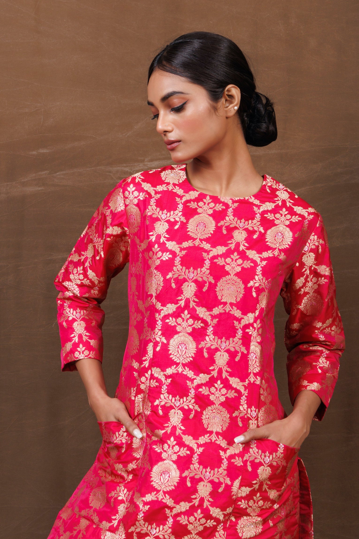 Red Banarasi Silk Kurta Set with Functional Pockets