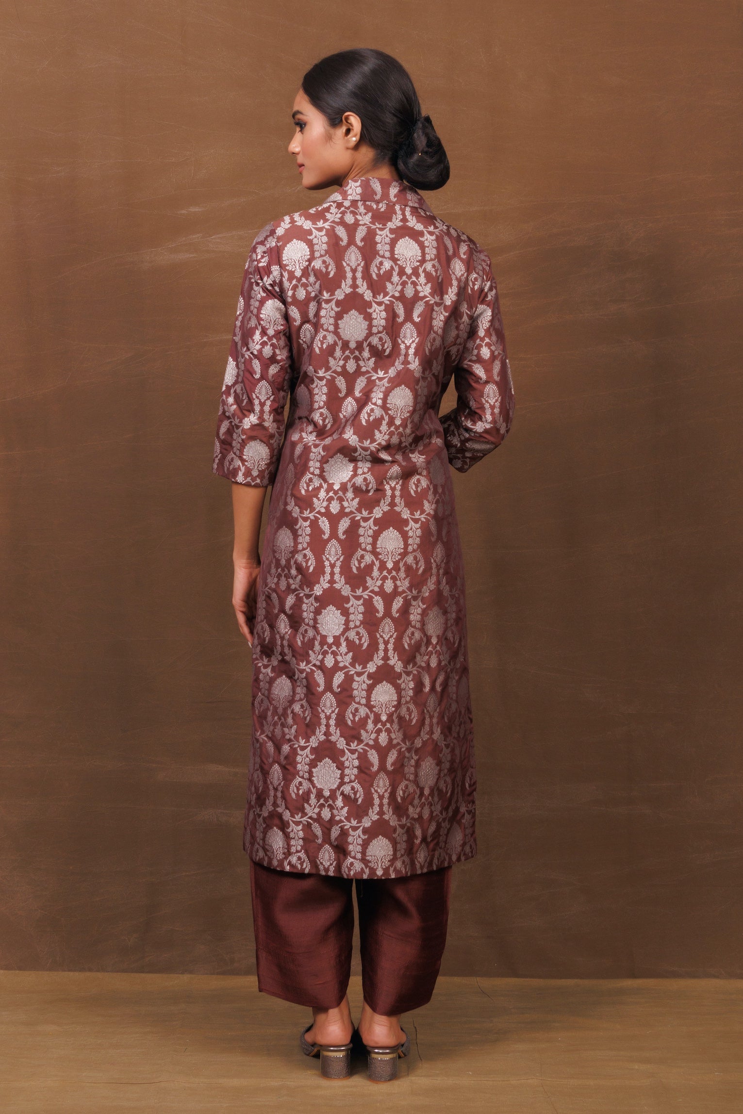 Brown Banarasi Jacket-Style Kurta Set with Raw Silk Pants