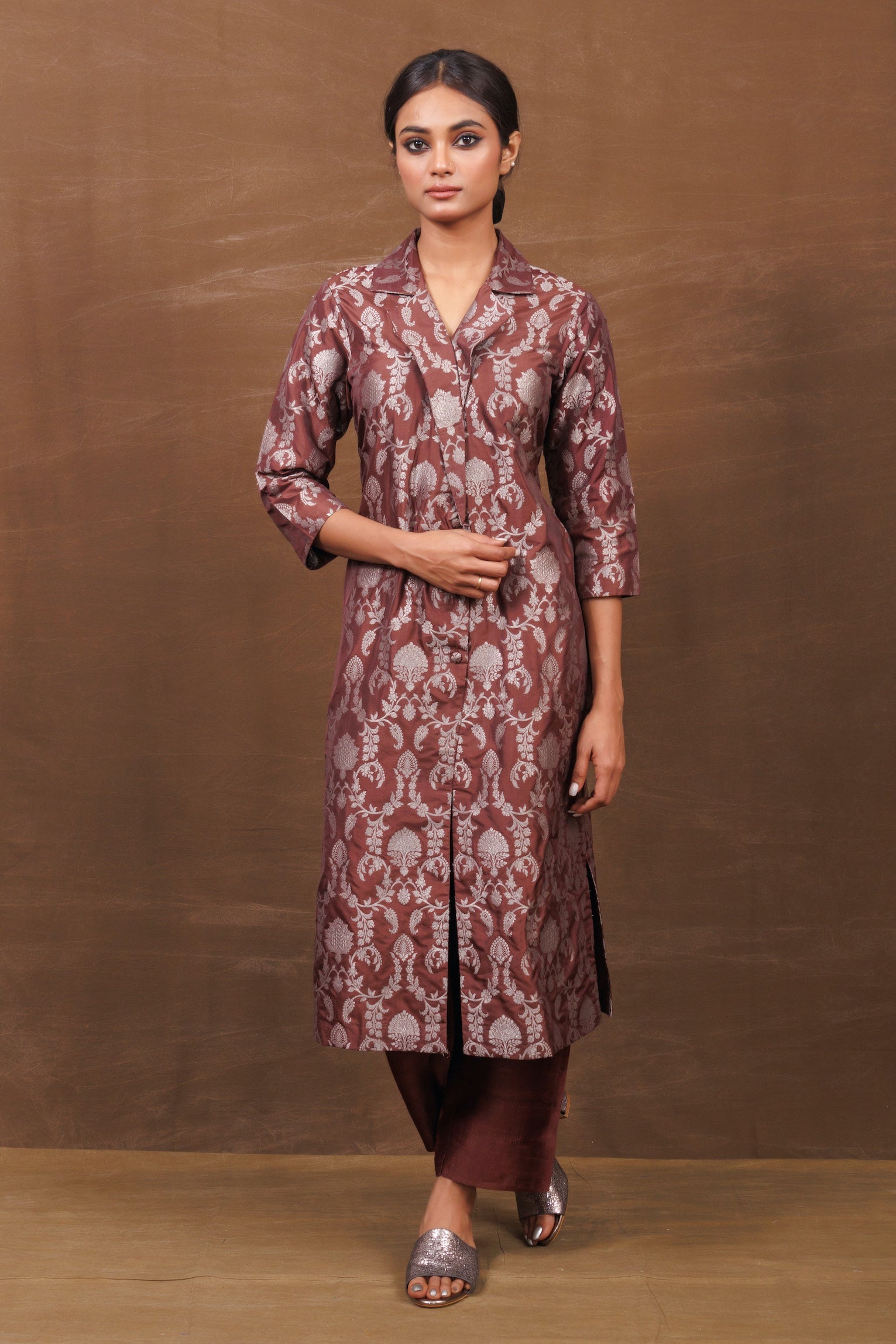 Brown Banarasi Jacket-Style Kurta Set with Raw Silk Pants