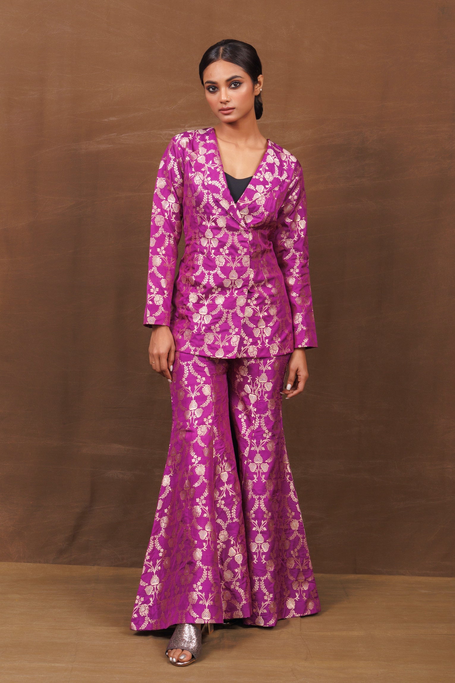 Purple Banarasi Silk Jacket Garara Set