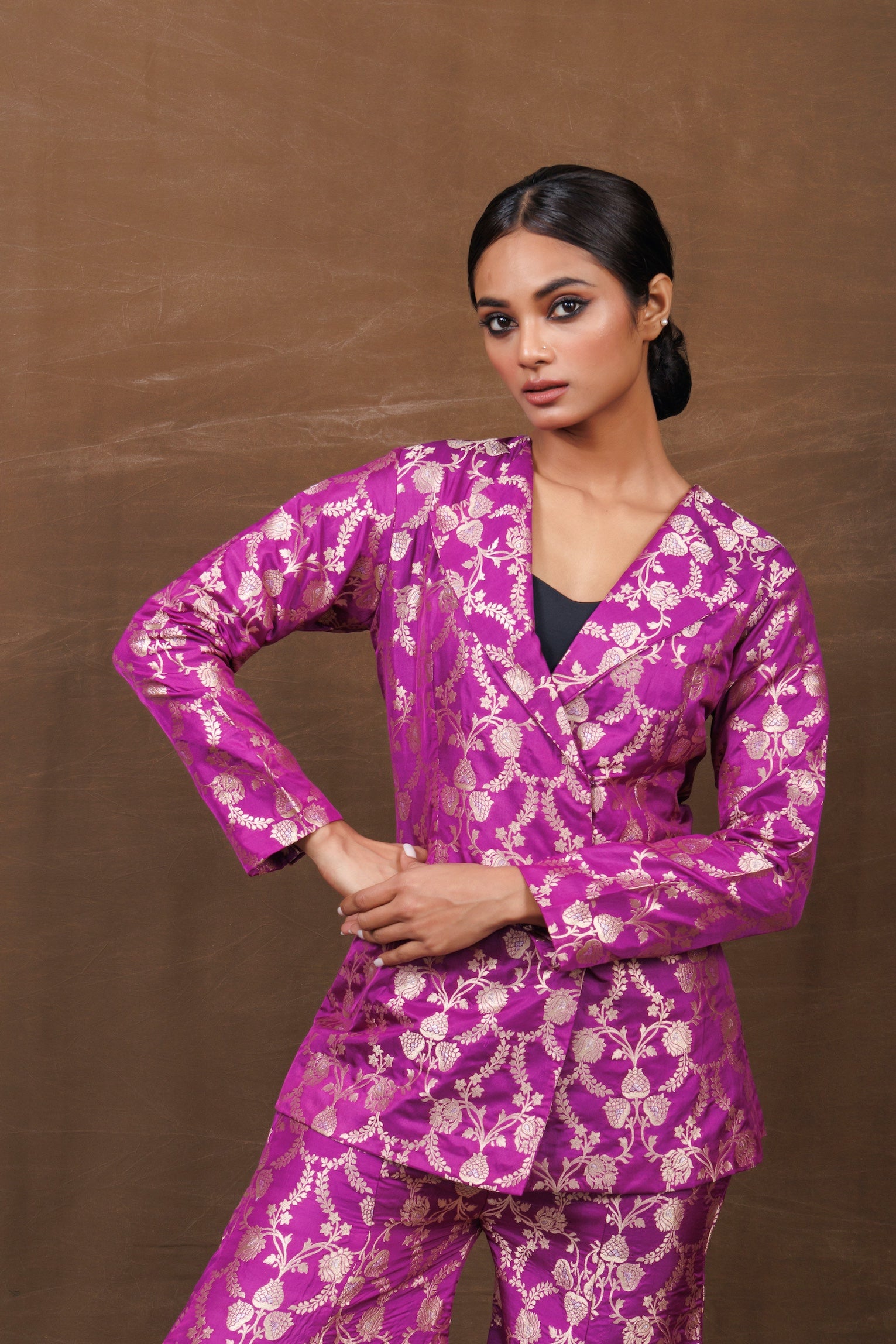 Purple Banarasi Silk Jacket Garara Set