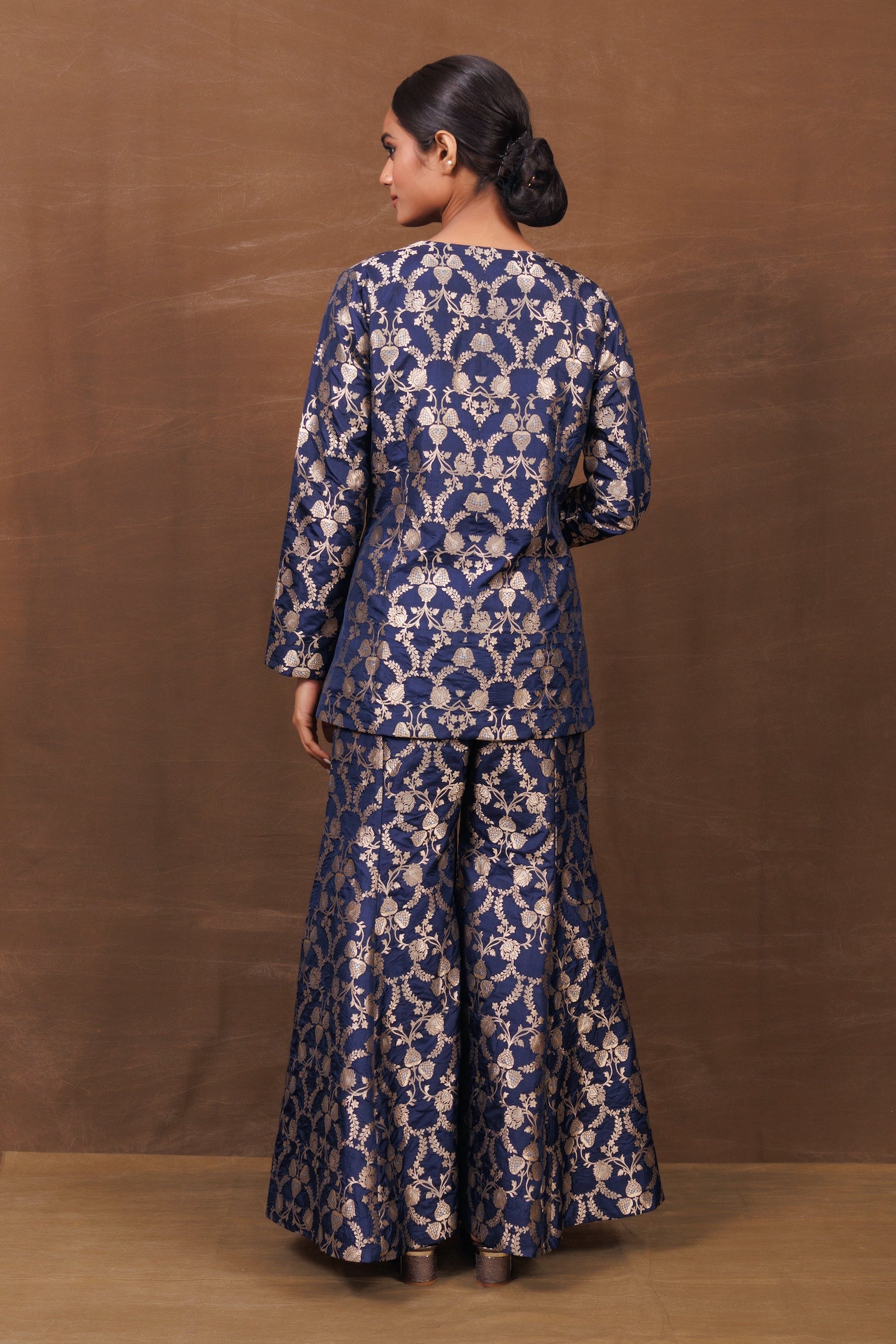 Blue Banarasi Silk Jacket Garara Set