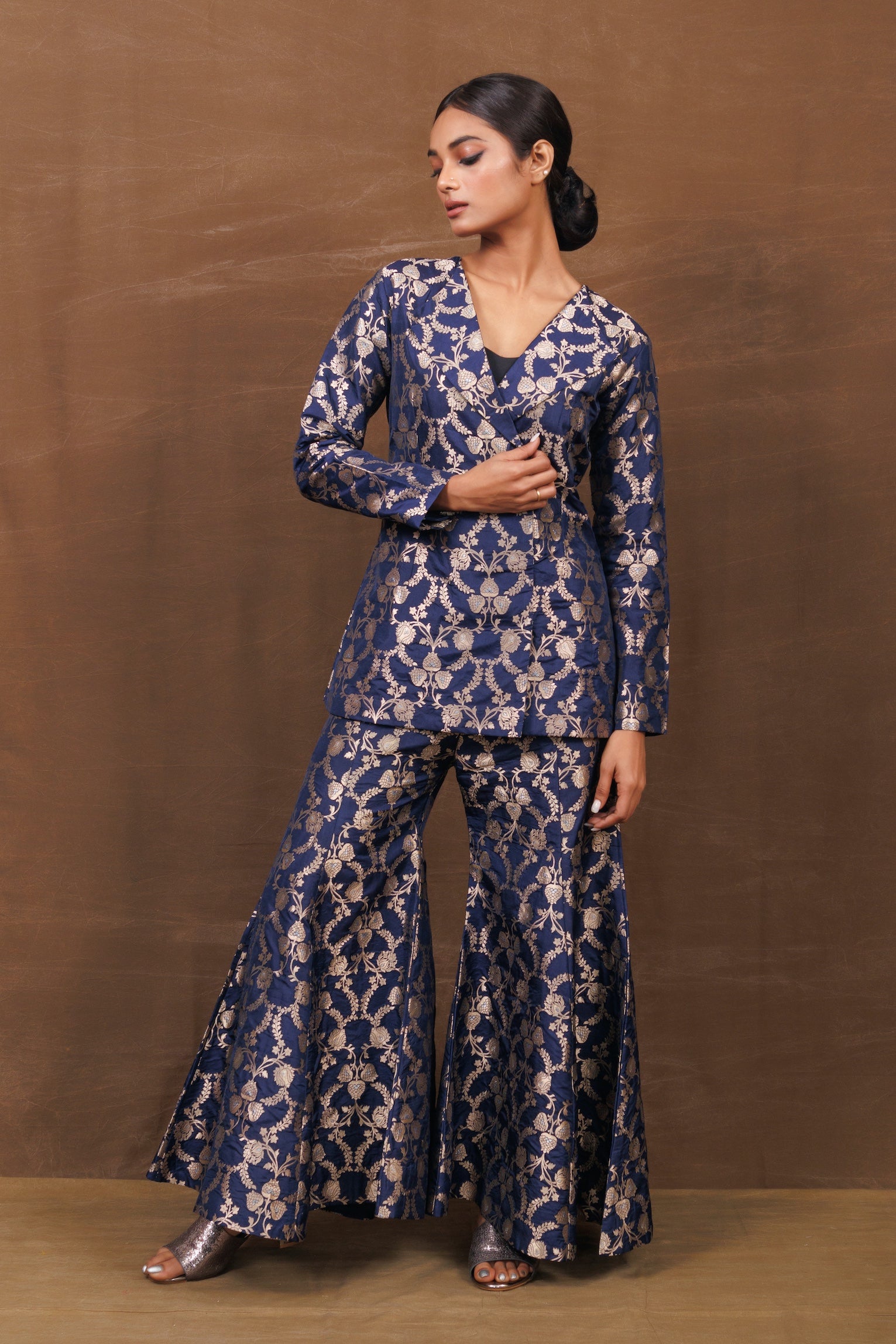 Blue Banarasi Silk Jacket Garara Set