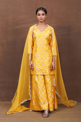 Yellow Banarasi Silk Kurta Sharara Set with Organza Dupatta