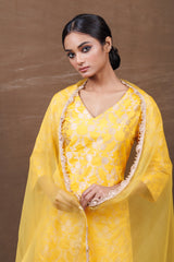 Yellow Banarasi Silk Kurta Sharara Set with Organza Dupatta