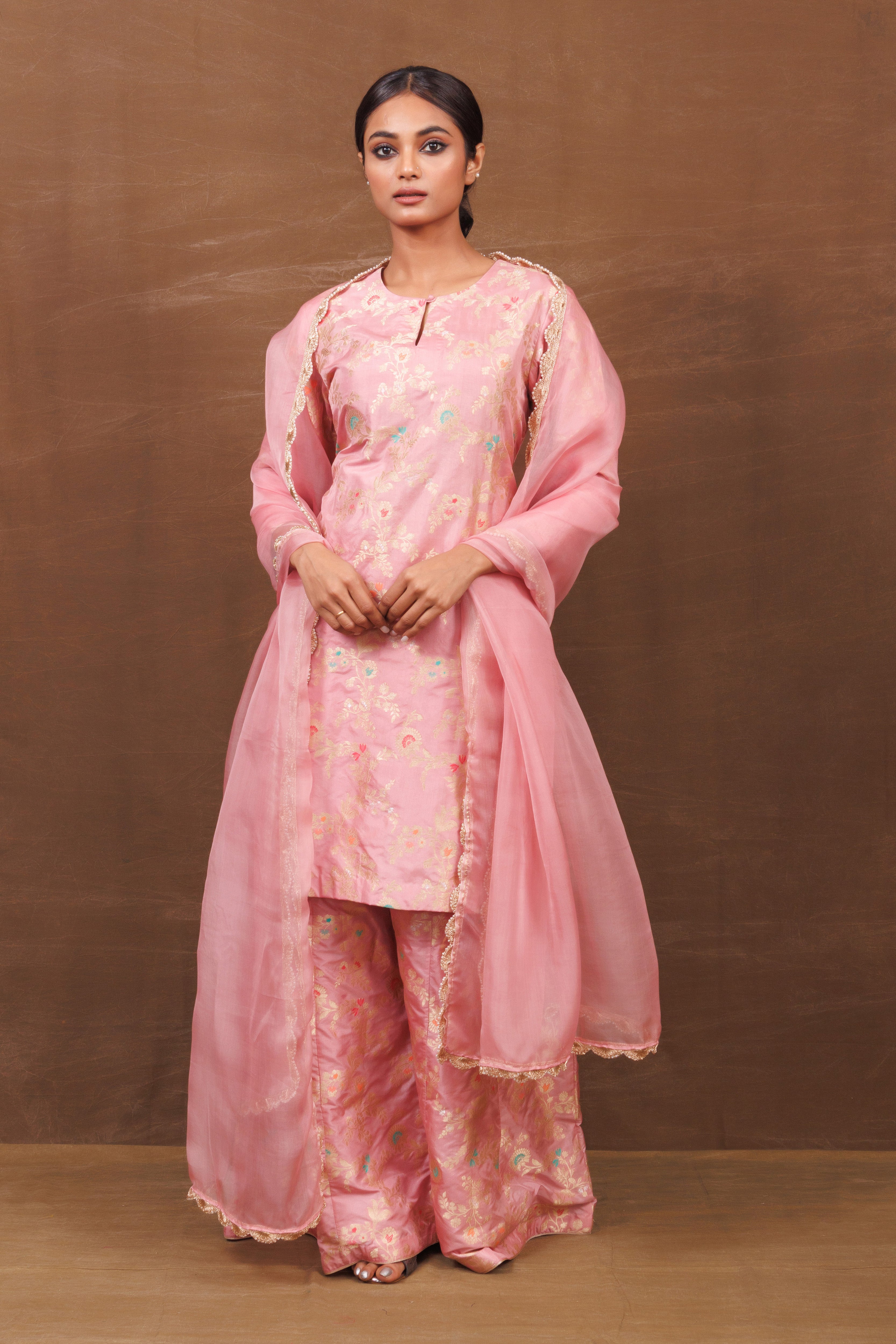 Blush Pink Banarasi Silk Kurta Sharara Set