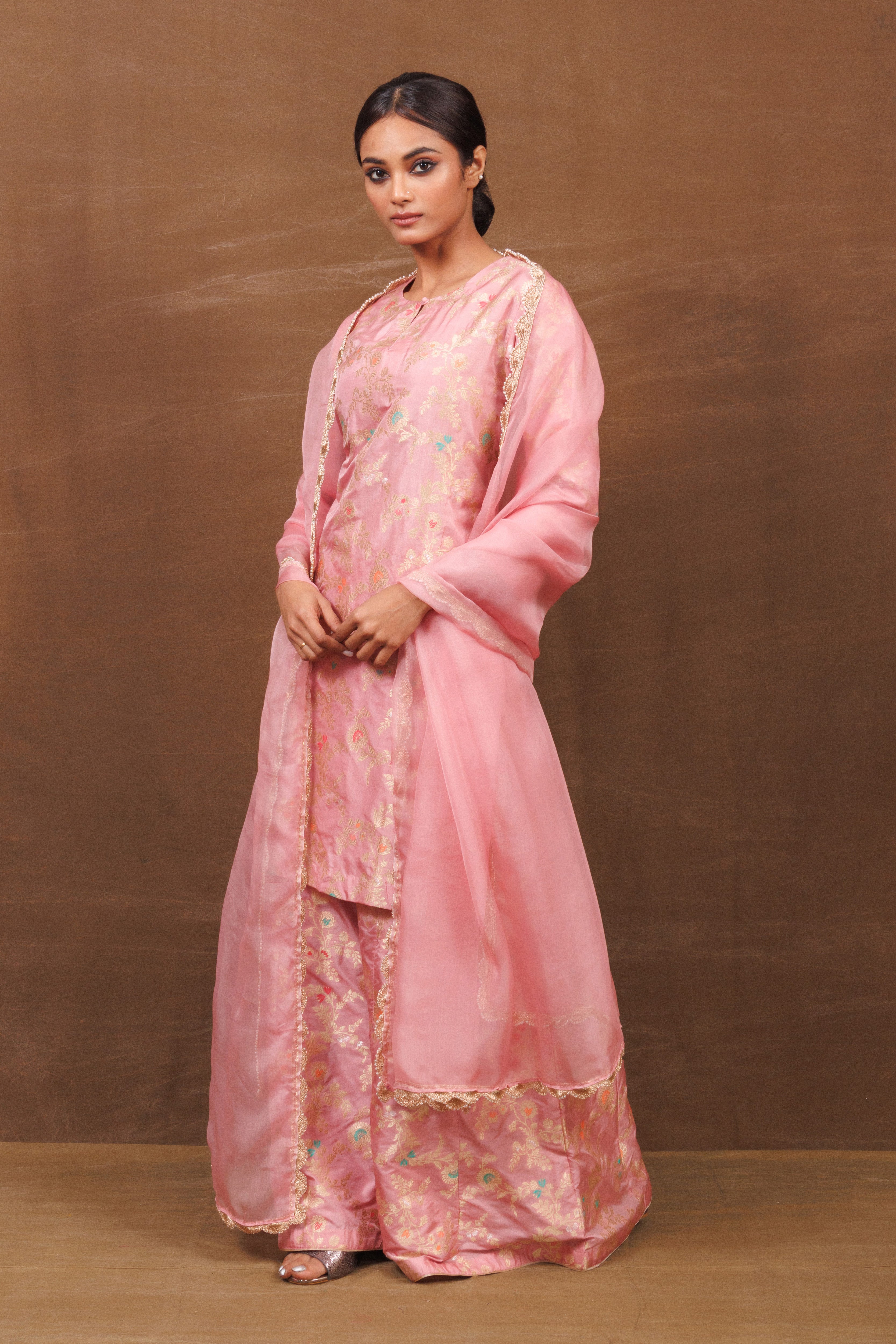 Blush Pink Banarasi Silk Kurta Sharara Set