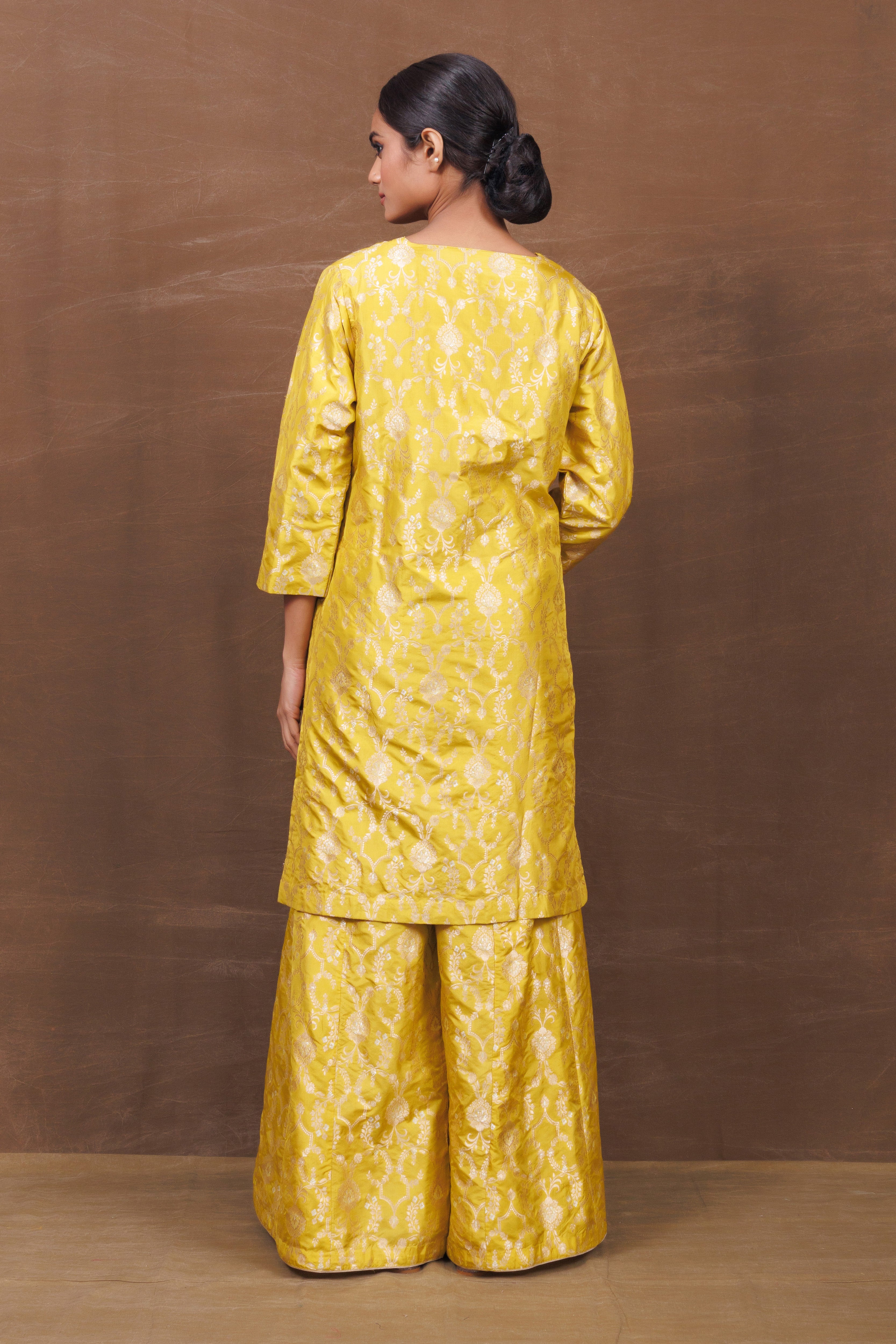 Yellow Banarasi Silk Kurta Sharara Set