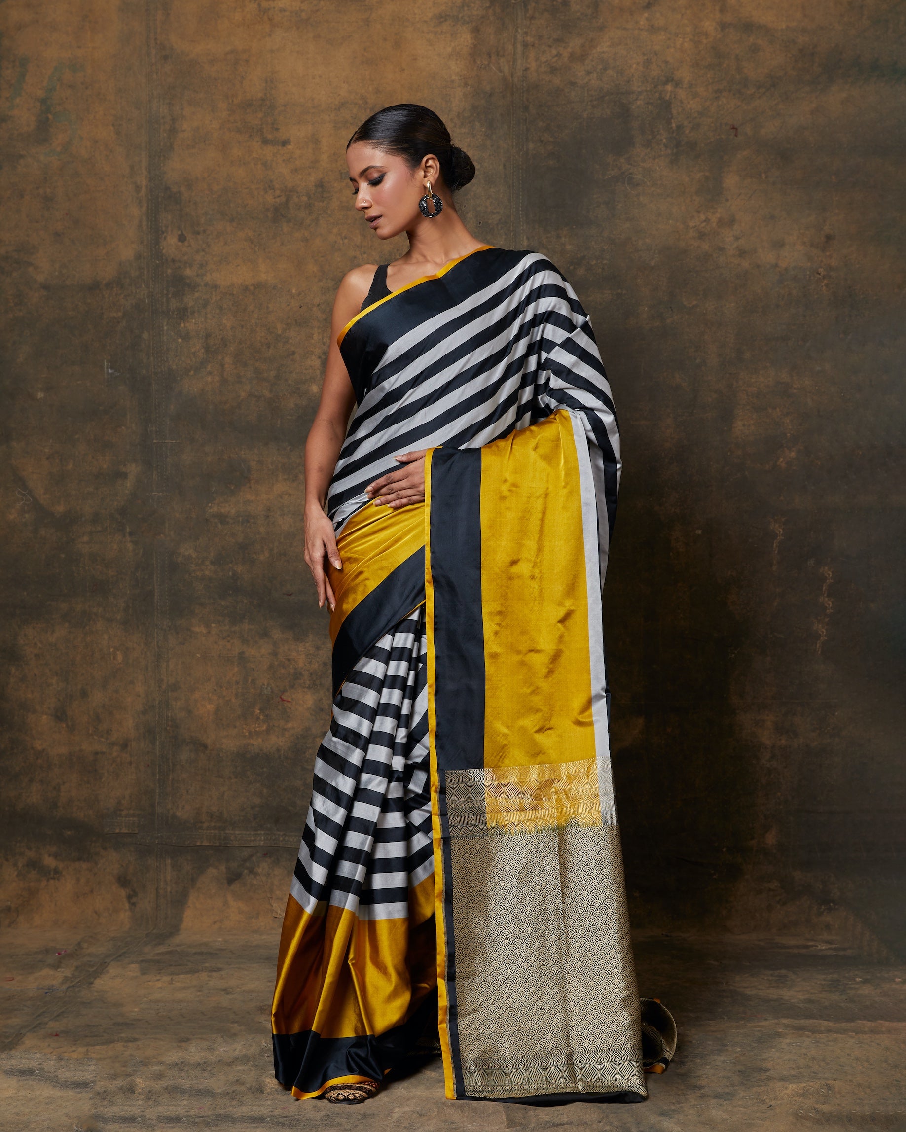 Black & White Stripe Banarasi Mashru Silk Saree